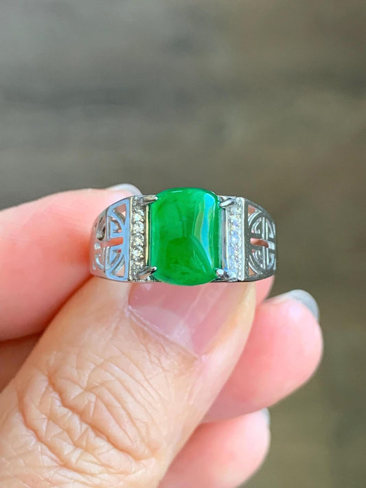 Natural Grade A Guatemalan Icy Translucent Vibrant Green Jadeite Saddle Ring Sterling Silver Size Adjustable 天然冰危绿翡翠马鞍银镶戒指 WLD150D