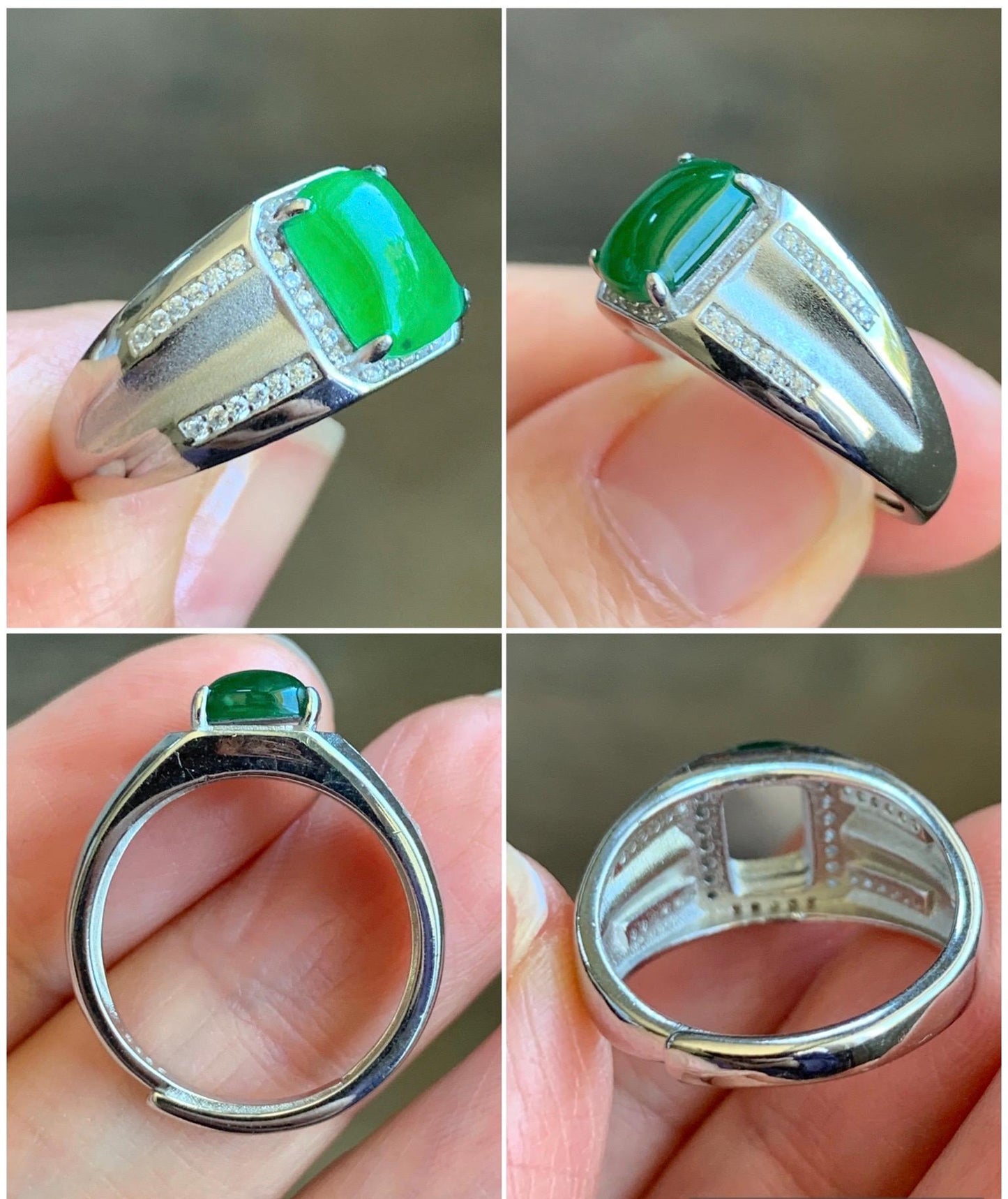 Natural Grade A Guatemalan Icy Translucent Vibrant Green Jadeite Saddle Ring Sterling Silver Size Adjustable 天然冰危绿翡翠马鞍银镶戒指 WLD150B