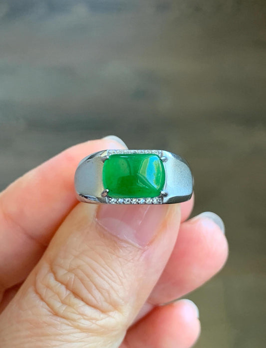 Natural Grade A Guatemalan Icy Translucent Vibrant Green Jadeite Saddle Ring Sterling Silver Size Adjustable 天然冰危绿翡翠马鞍银镶戒指 WLD150C