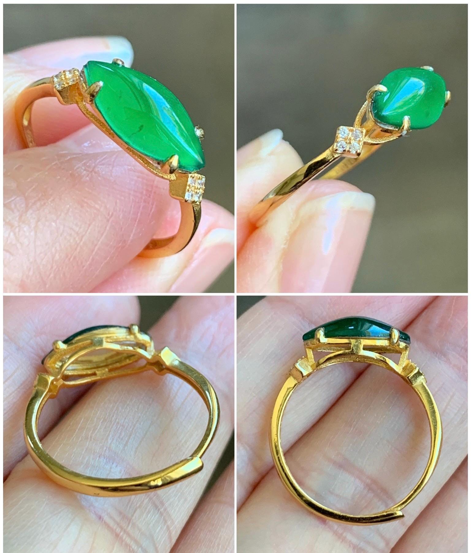 Natural Grade A Guatemalan Icy Translucent Vibrant Green Marquise Jadeite Ring Sterling Silver Size Adjustable 天然冰危绿马眼翡翠银镶戒指 WLD150A