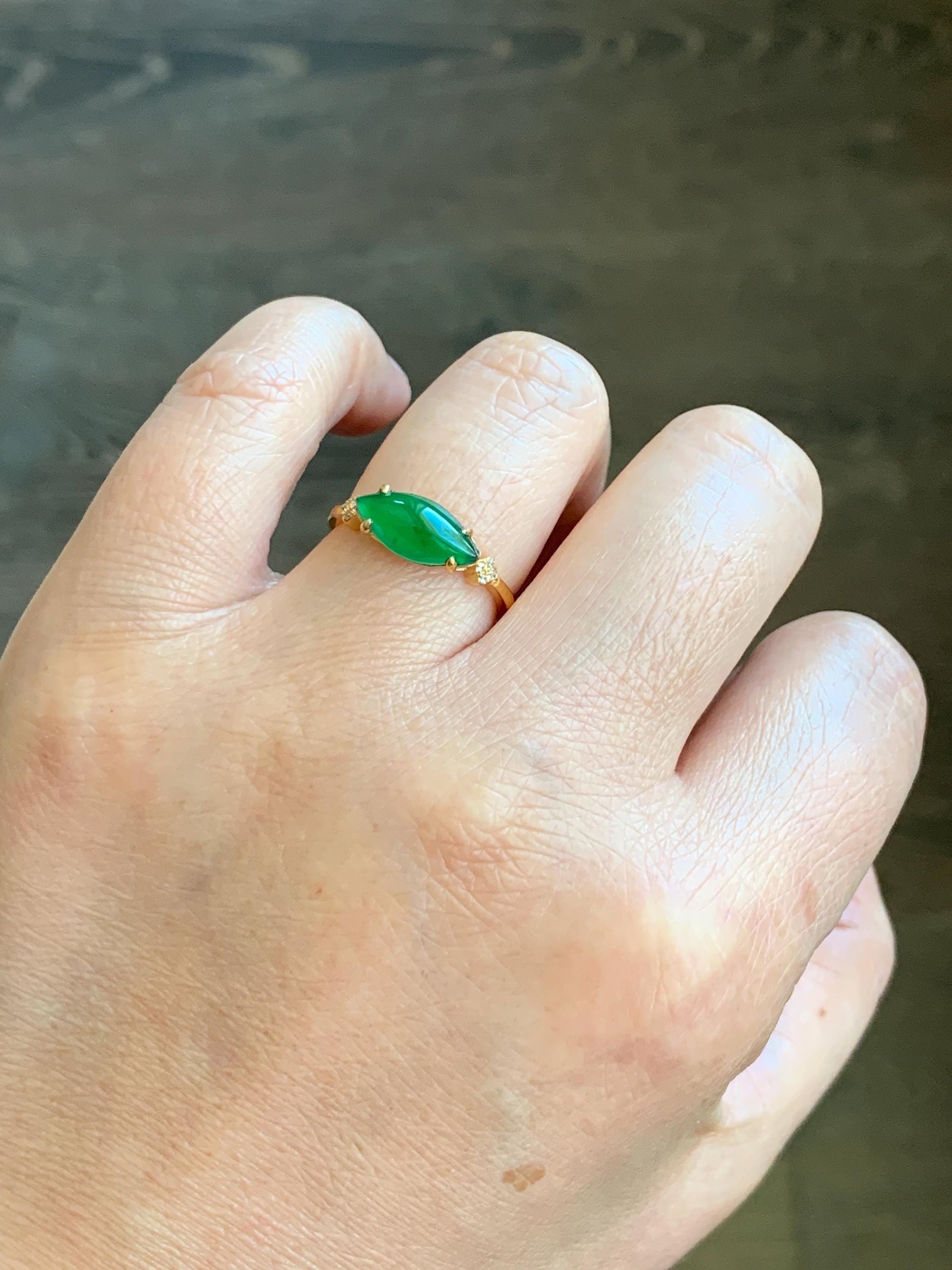 Natural Grade A Guatemalan Icy Translucent Vibrant Green Marquise Jadeite Ring Sterling Silver Size Adjustable 天然冰危绿马眼翡翠银镶戒指 WLD150A