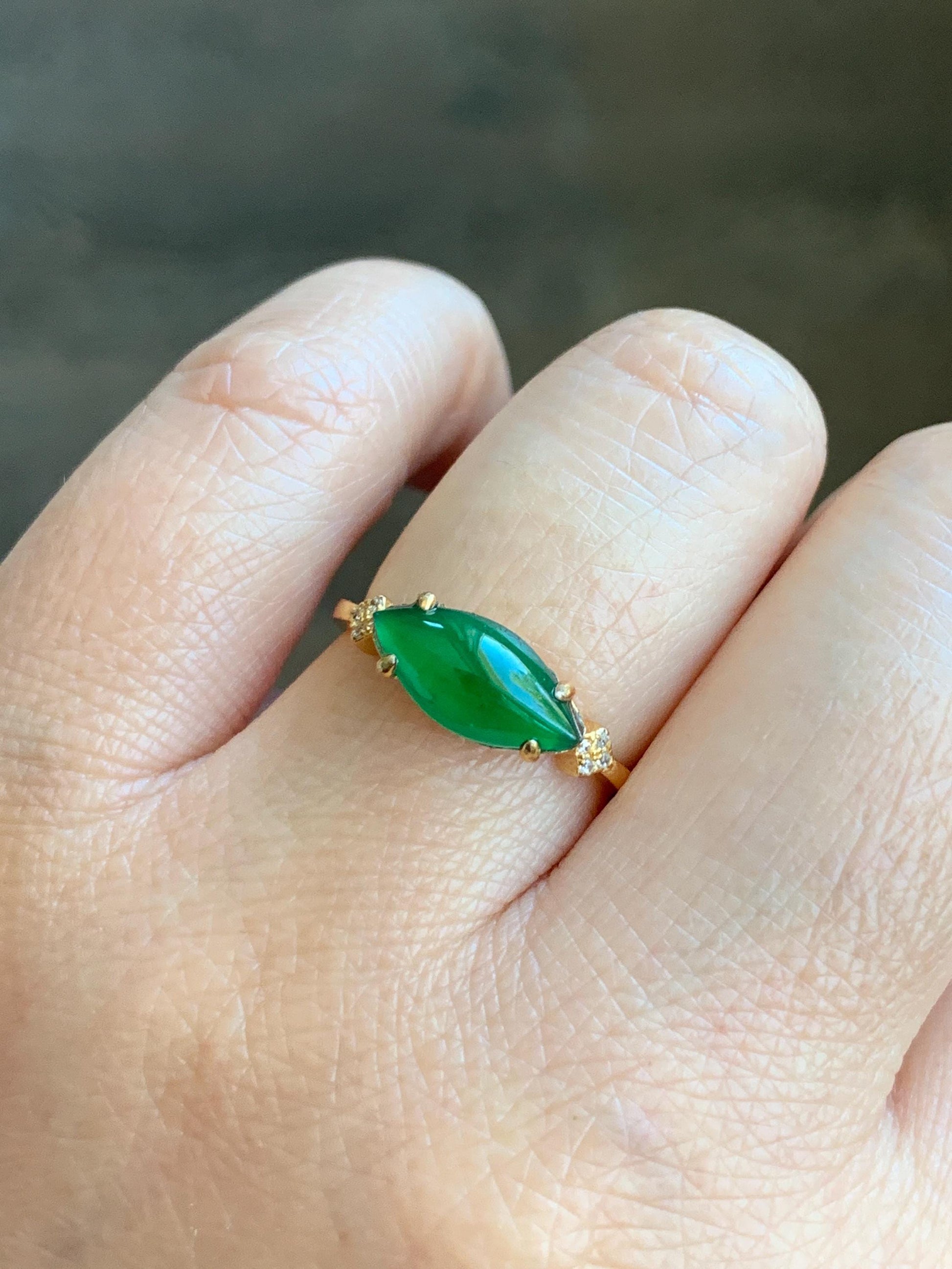 Natural Grade A Guatemalan Icy Translucent Vibrant Green Marquise Jadeite Ring Sterling Silver Size Adjustable 天然冰危绿马眼翡翠银镶戒指 WLD150A