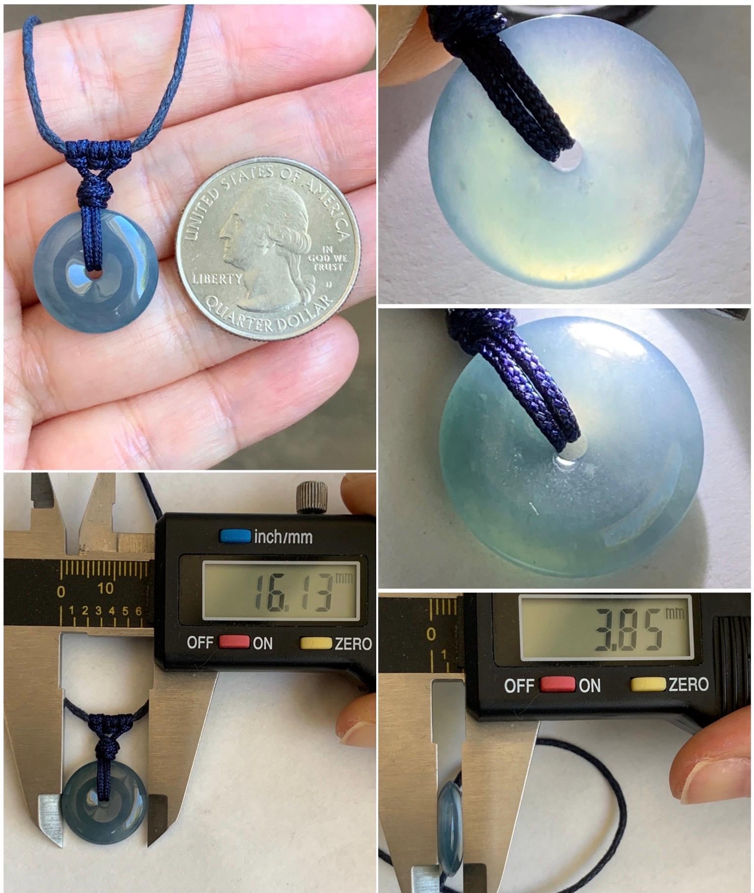 Natural Guatemalan Icy Translucent Gelatinous Aegean Blue Jadeite Mini Ping An Kou Donut Pendant Rope Necklace 25” 2g 天然冰胶危蓝牛仔蓝翡翠迷你平安扣吊坠 MA