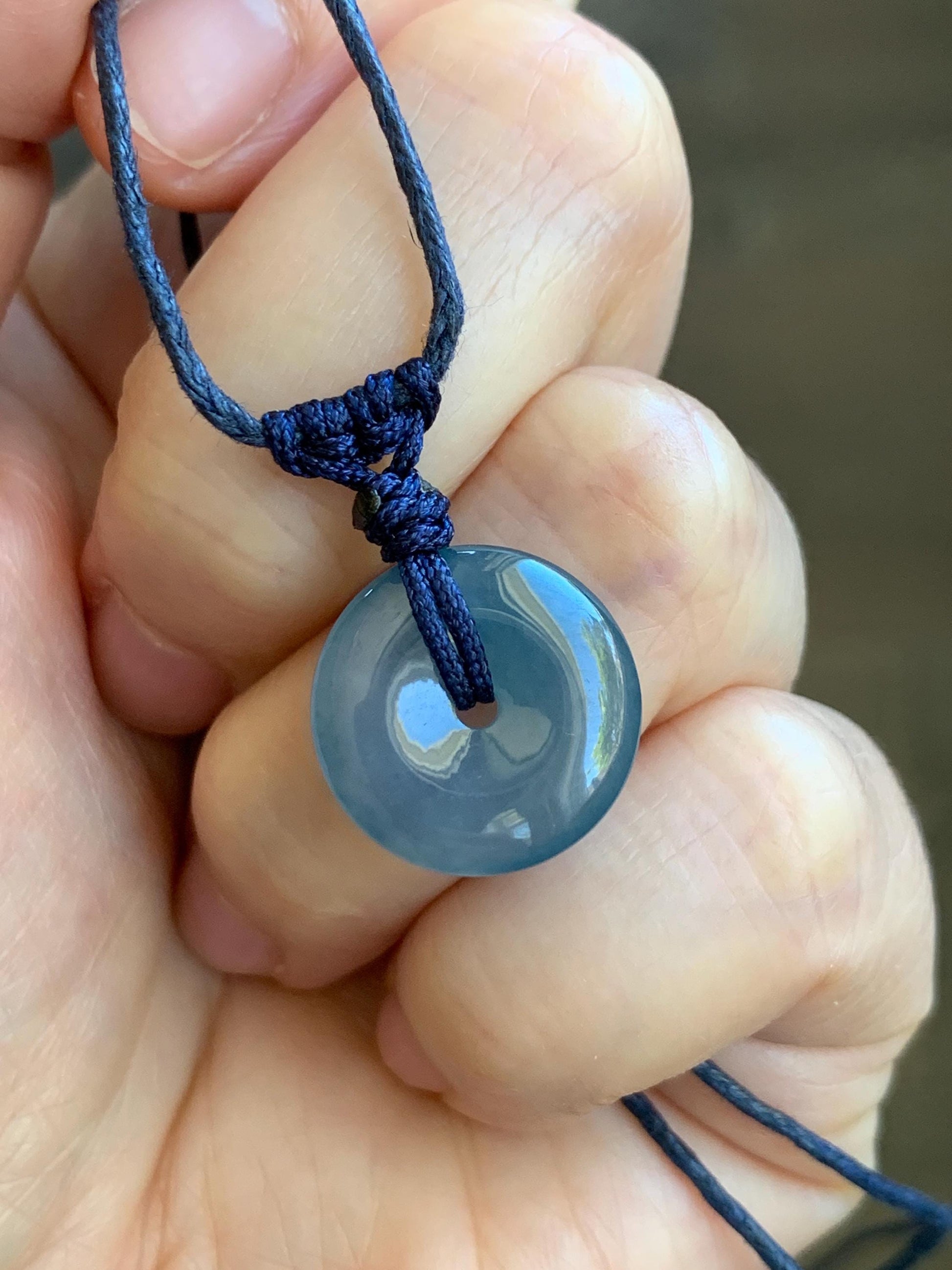 Natural Guatemalan Icy Translucent Gelatinous Aegean Blue Jadeite Mini Ping An Kou Donut Pendant Rope Necklace 25” 2g 天然冰胶危蓝牛仔蓝翡翠迷你平安扣吊坠 MA