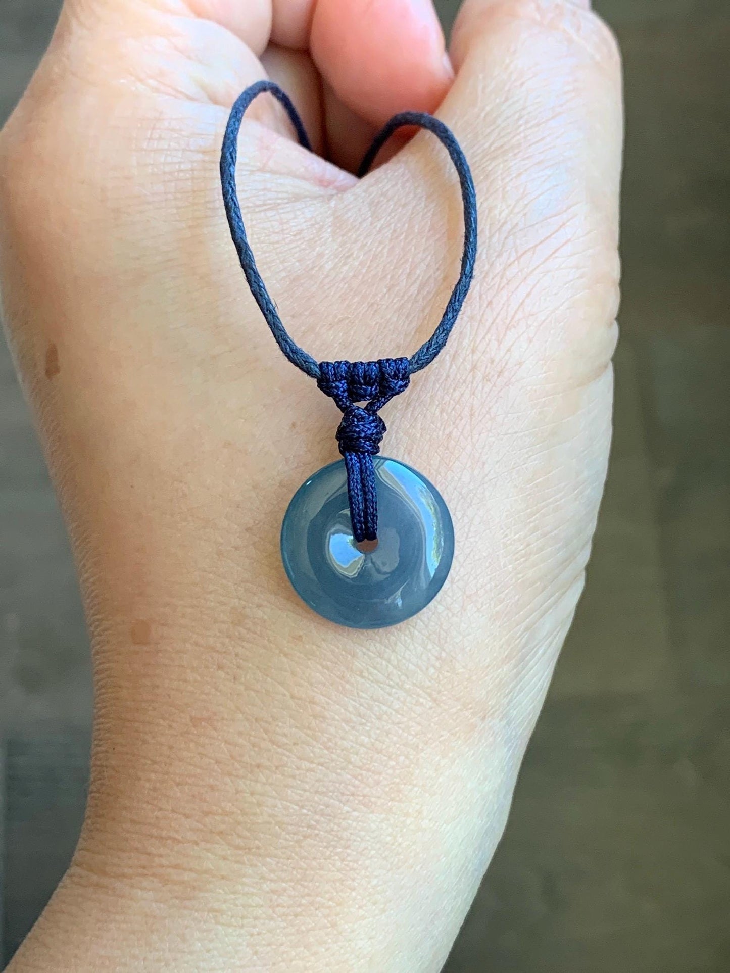 Natural Guatemalan Icy Translucent Gelatinous Aegean Blue Jadeite Mini Ping An Kou Donut Pendant Rope Necklace 25” 2g 天然冰胶危蓝牛仔蓝翡翠迷你平安扣吊坠 MA
