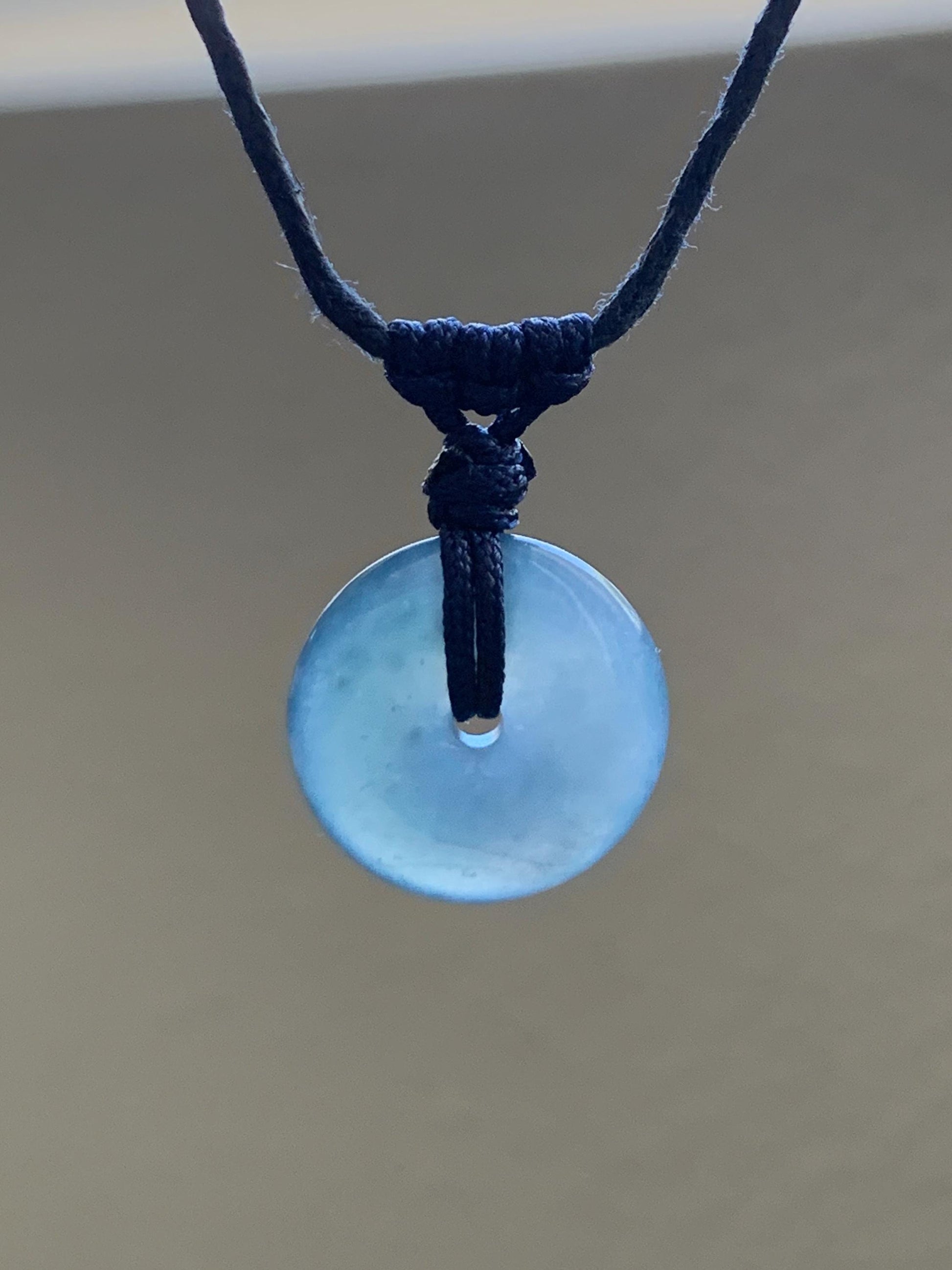 Natural Guatemalan Icy Translucent Gelatinous Aegean Blue Jadeite Mini Ping An Kou Donut Pendant Rope Necklace 25” 2g 天然冰胶危蓝牛仔蓝翡翠迷你平安扣吊坠 MA