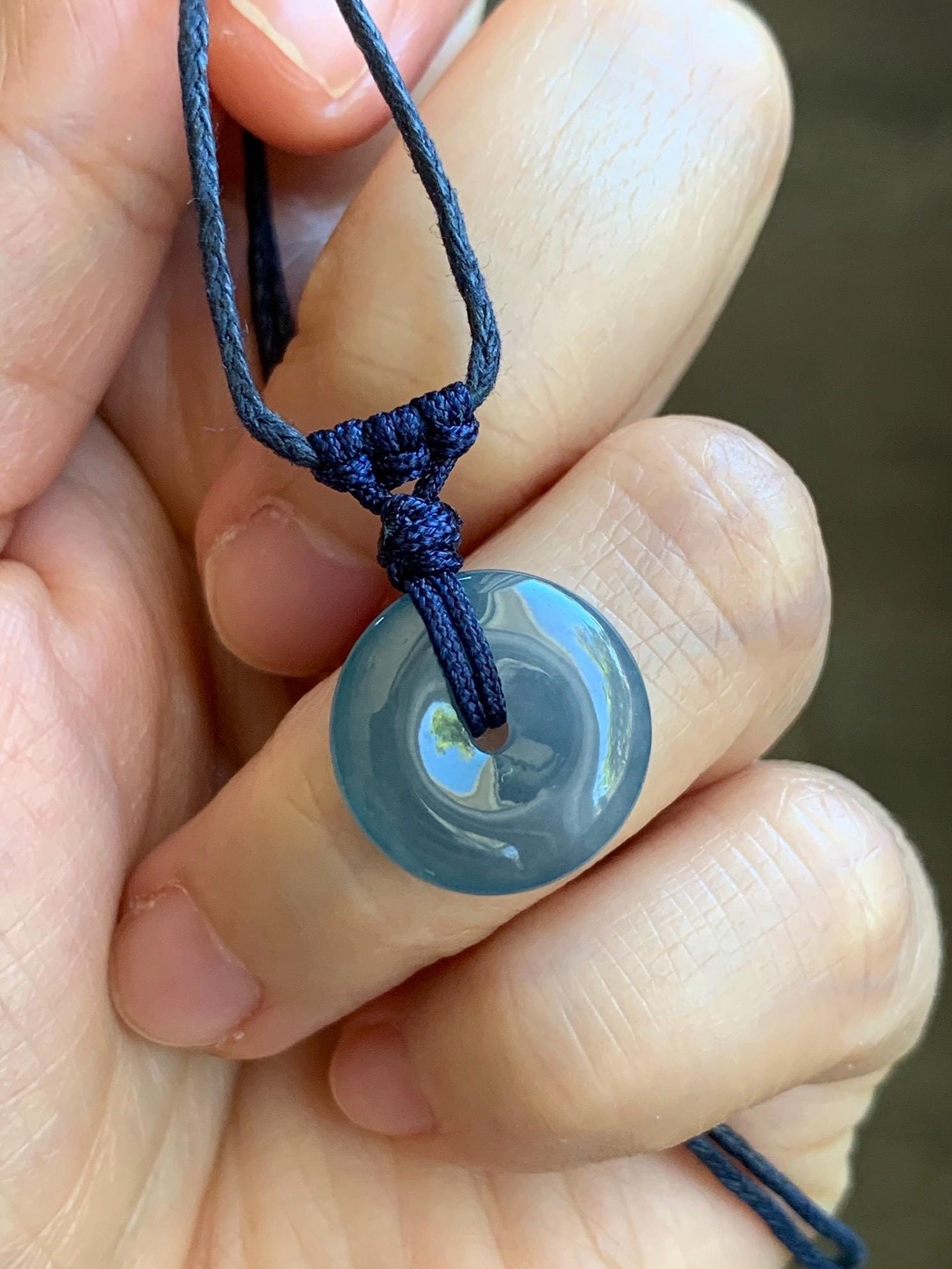 Natural Guatemalan Icy Translucent Gelatinous Aegean Blue Jadeite Mini Ping An Kou Donut Pendant Rope Necklace 25” 2g 天然冰胶危蓝牛仔蓝翡翠迷你平安扣吊坠 MA