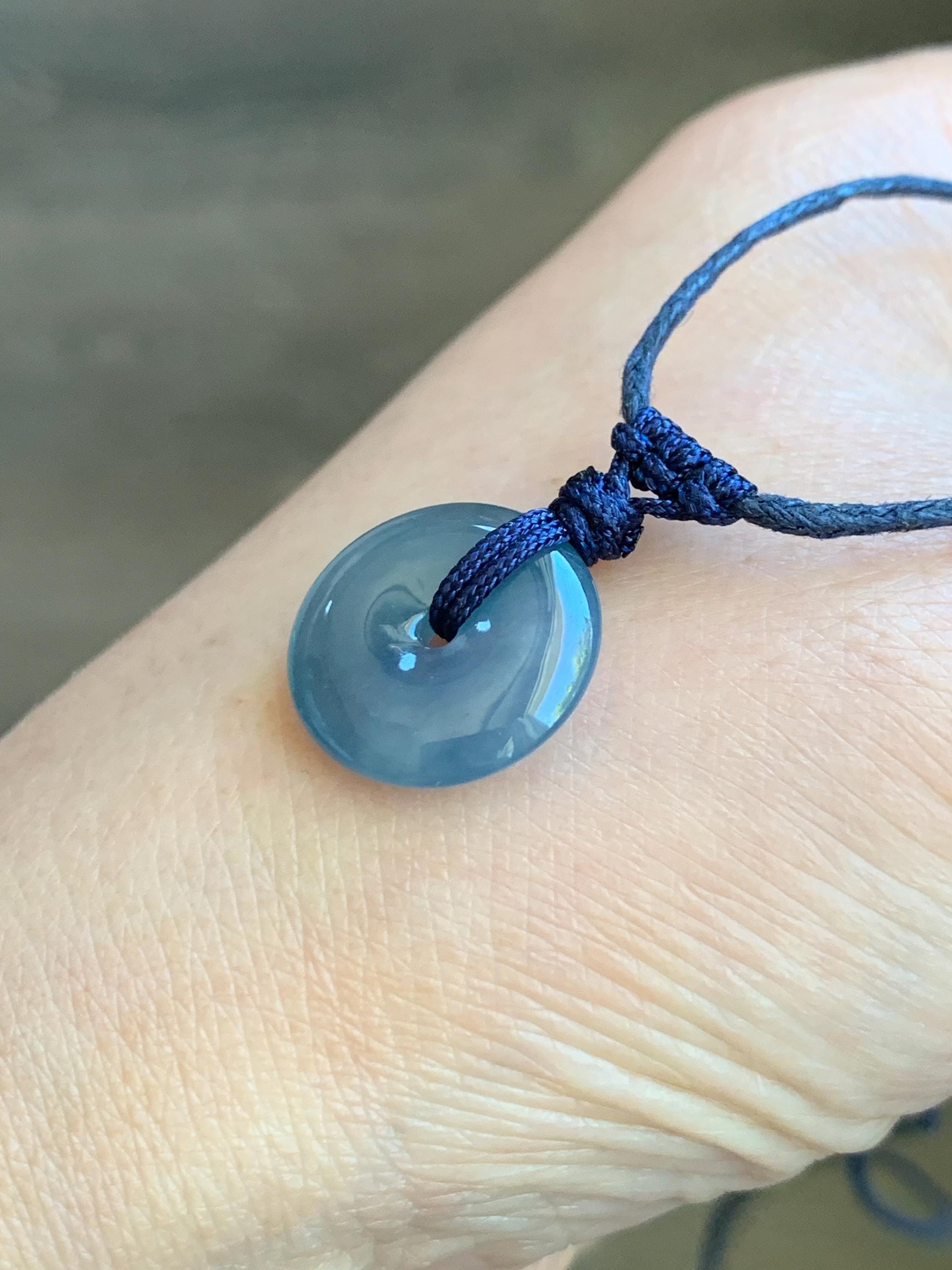 Natural Guatemalan Icy Translucent Gelatinous Aegean Blue Jadeite Mini Ping An Kou Donut Pendant Rope Necklace 25” 2g 天然冰胶危蓝牛仔蓝翡翠迷你平安扣吊坠 MA