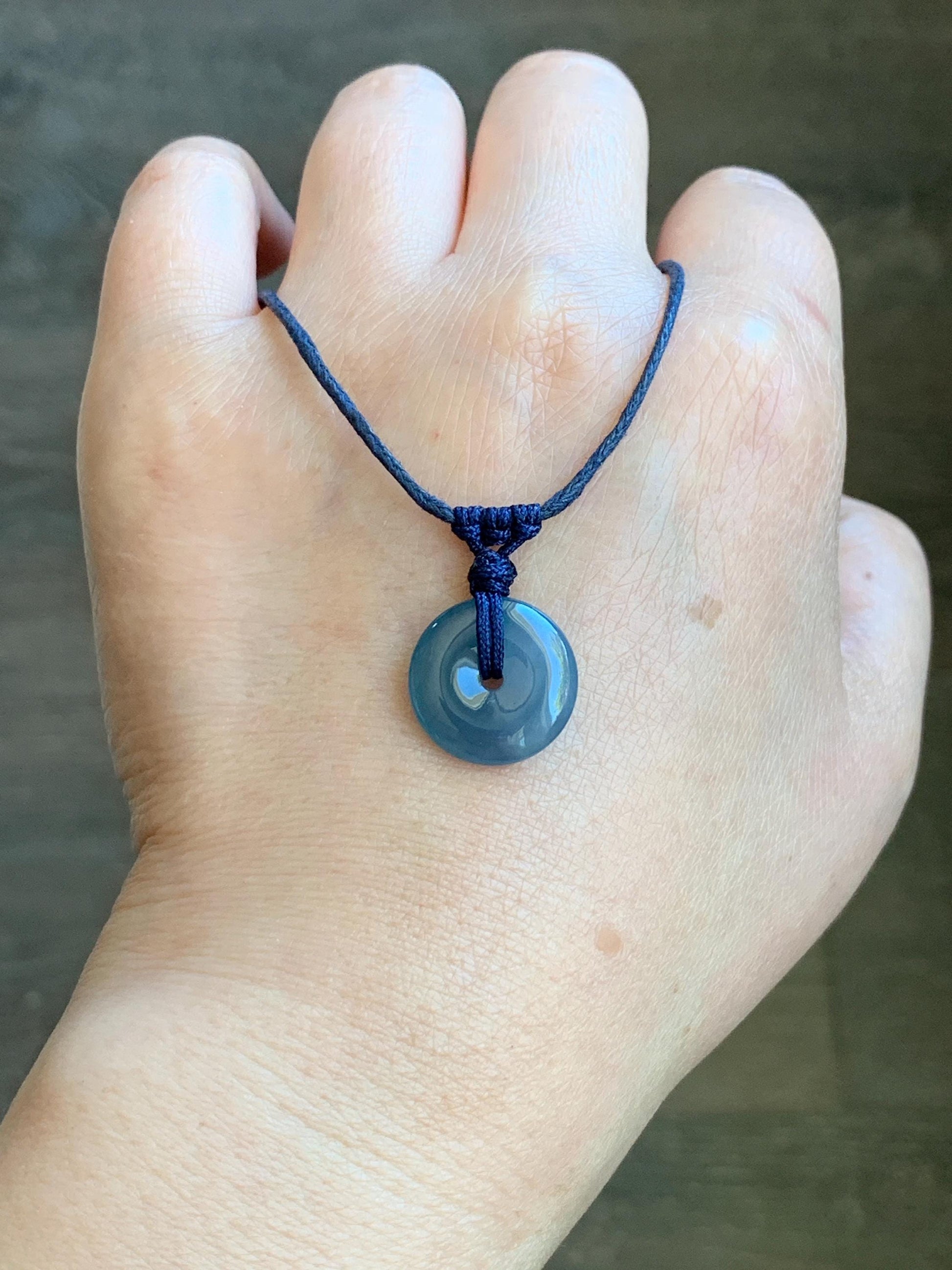 Natural Guatemalan Icy Translucent Gelatinous Aegean Blue Jadeite Mini Ping An Kou Donut Pendant Rope Necklace 25” 2g 天然冰胶危蓝牛仔蓝翡翠迷你平安扣吊坠 MA