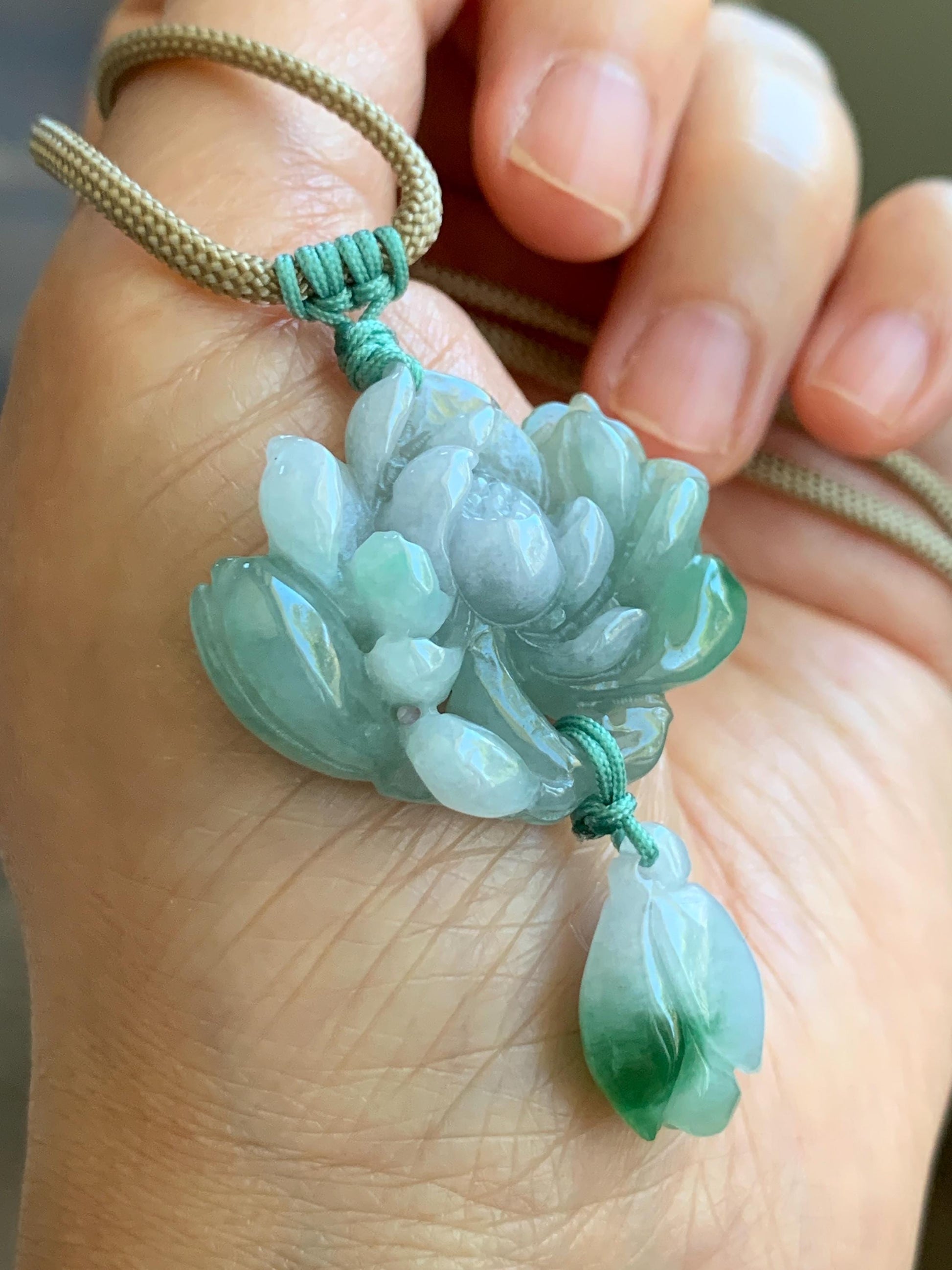 Certified Natural Grade A Icy Translucent Bicolored Jadeite Lotus Flower Pendant Rope Necklace Adjustable 26” 12.7g 天然冰晴淡紫双色翡翠莲花花苞吊坠挂件 1510