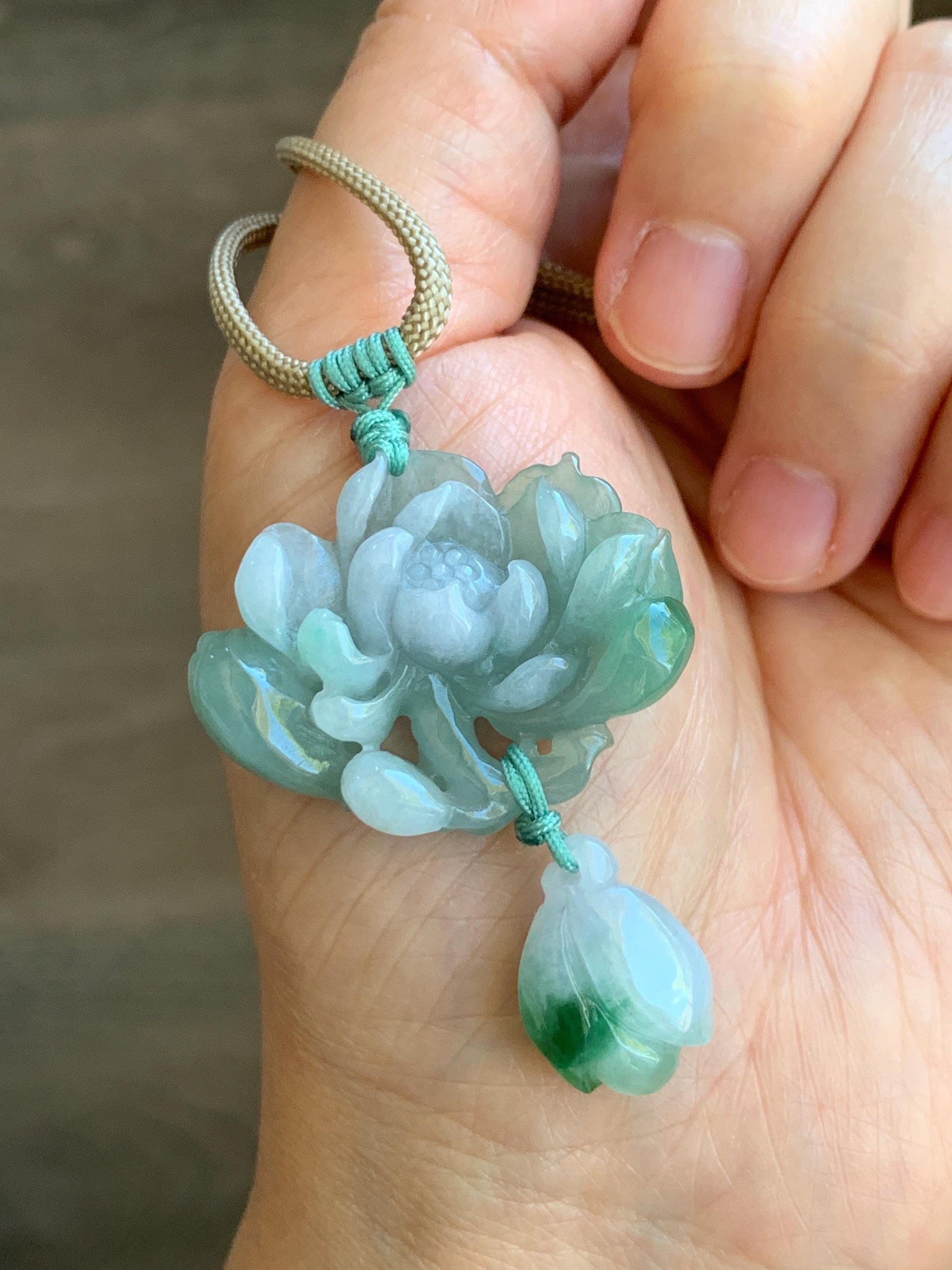 Certified Natural Grade A Icy Translucent Bicolored Jadeite Lotus Flower Pendant Rope Necklace Adjustable 26” 12.7g 天然冰晴淡紫双色翡翠莲花花苞吊坠挂件 1510