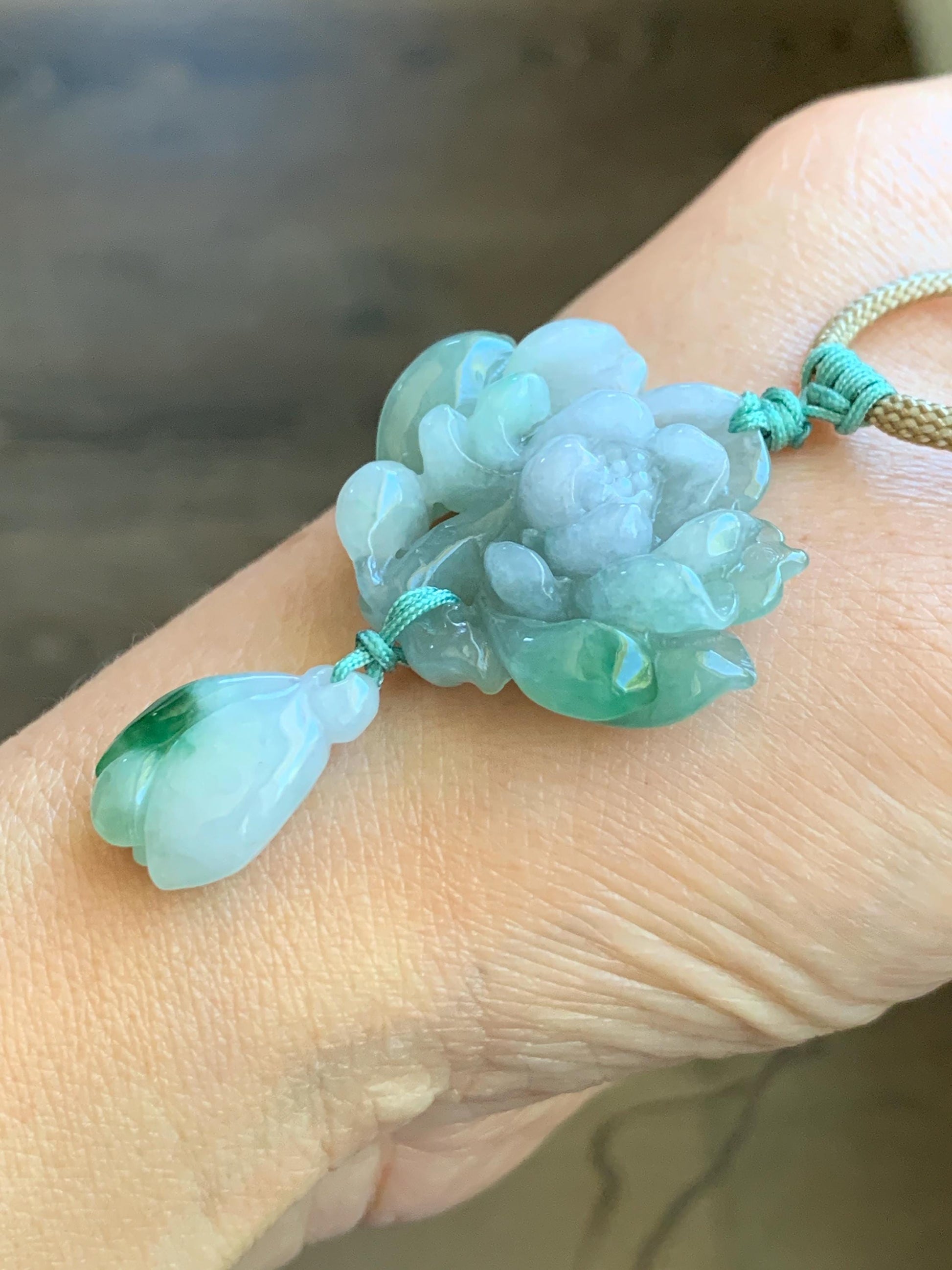 Certified Natural Grade A Icy Translucent Bicolored Jadeite Lotus Flower Pendant Rope Necklace Adjustable 26” 12.7g 天然冰晴淡紫双色翡翠莲花花苞吊坠挂件 1510
