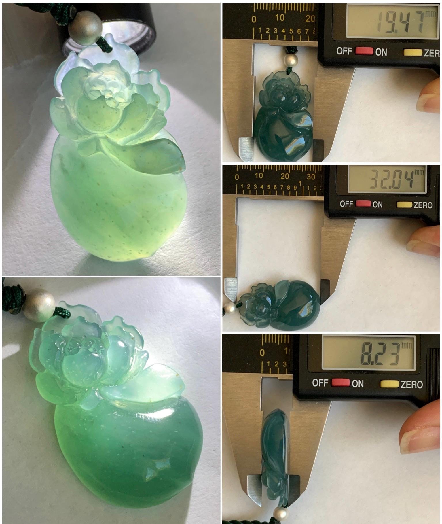 Natural Guatemalan Icy Translucent Gelatinous Teal Blue Jadeite Lotus Flower Lucky Peach Pendant Rope Necklace 18” 天然冰胶危蓝绿翡翠莲花福桃吊坠 LHT180
