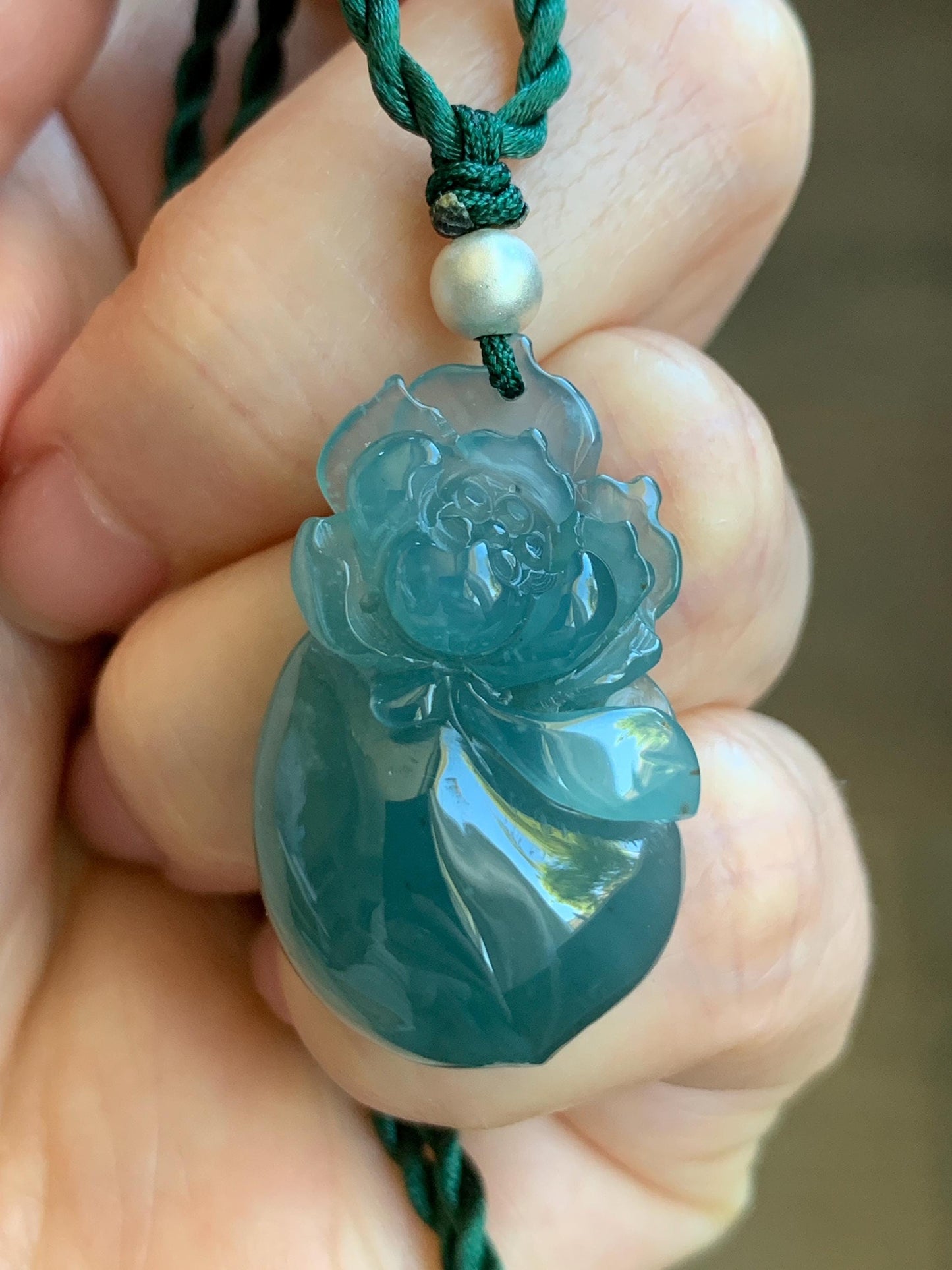 Natural Guatemalan Icy Translucent Gelatinous Teal Blue Jadeite Lotus Flower Lucky Peach Pendant Rope Necklace 18” 天然冰胶危蓝绿翡翠莲花福桃吊坠 LHT180