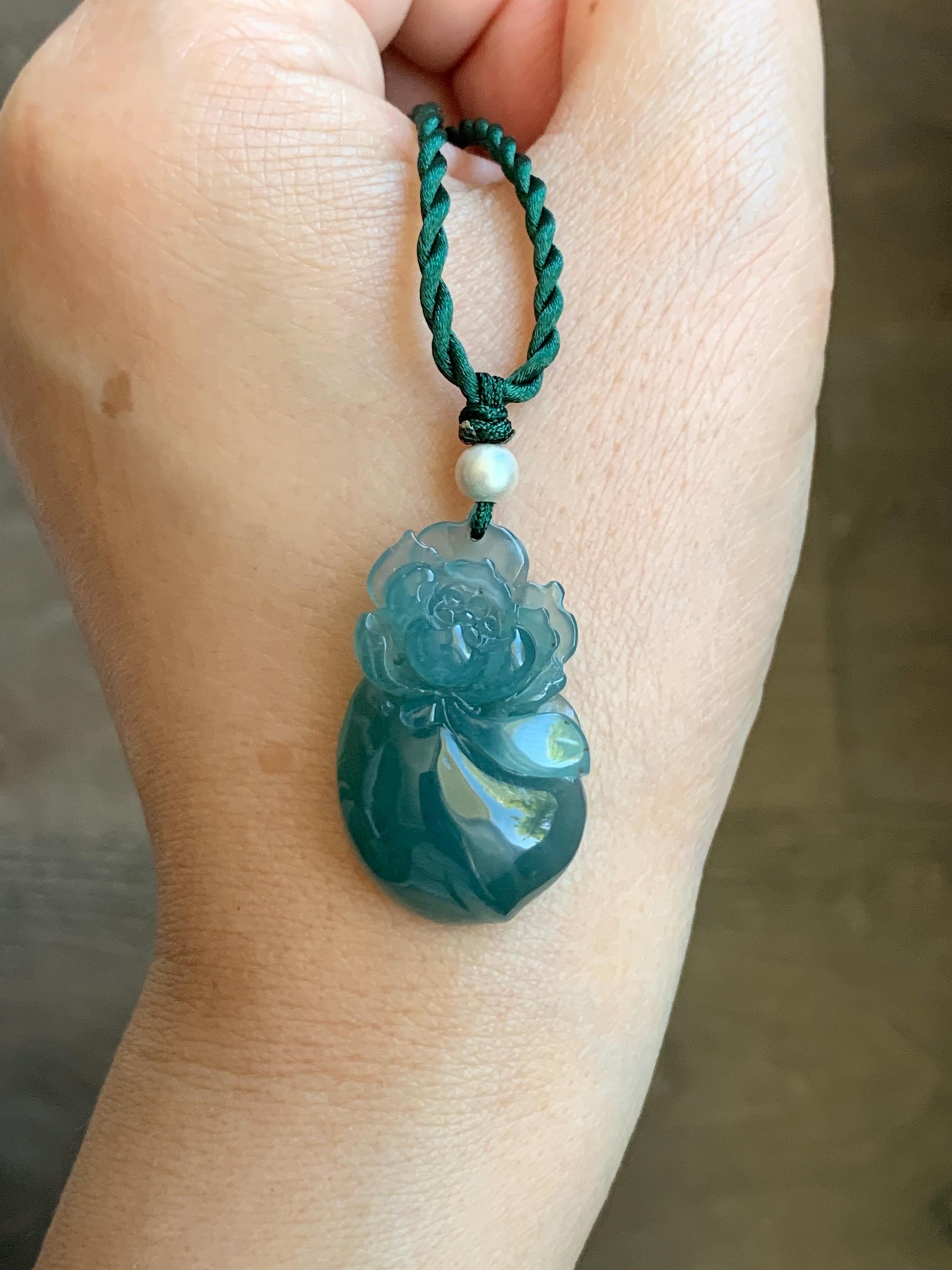 Natural Guatemalan Icy Translucent Gelatinous Teal Blue Jadeite Lotus Flower Lucky Peach Pendant Rope Necklace 18” 天然冰胶危蓝绿翡翠莲花福桃吊坠 LHT180