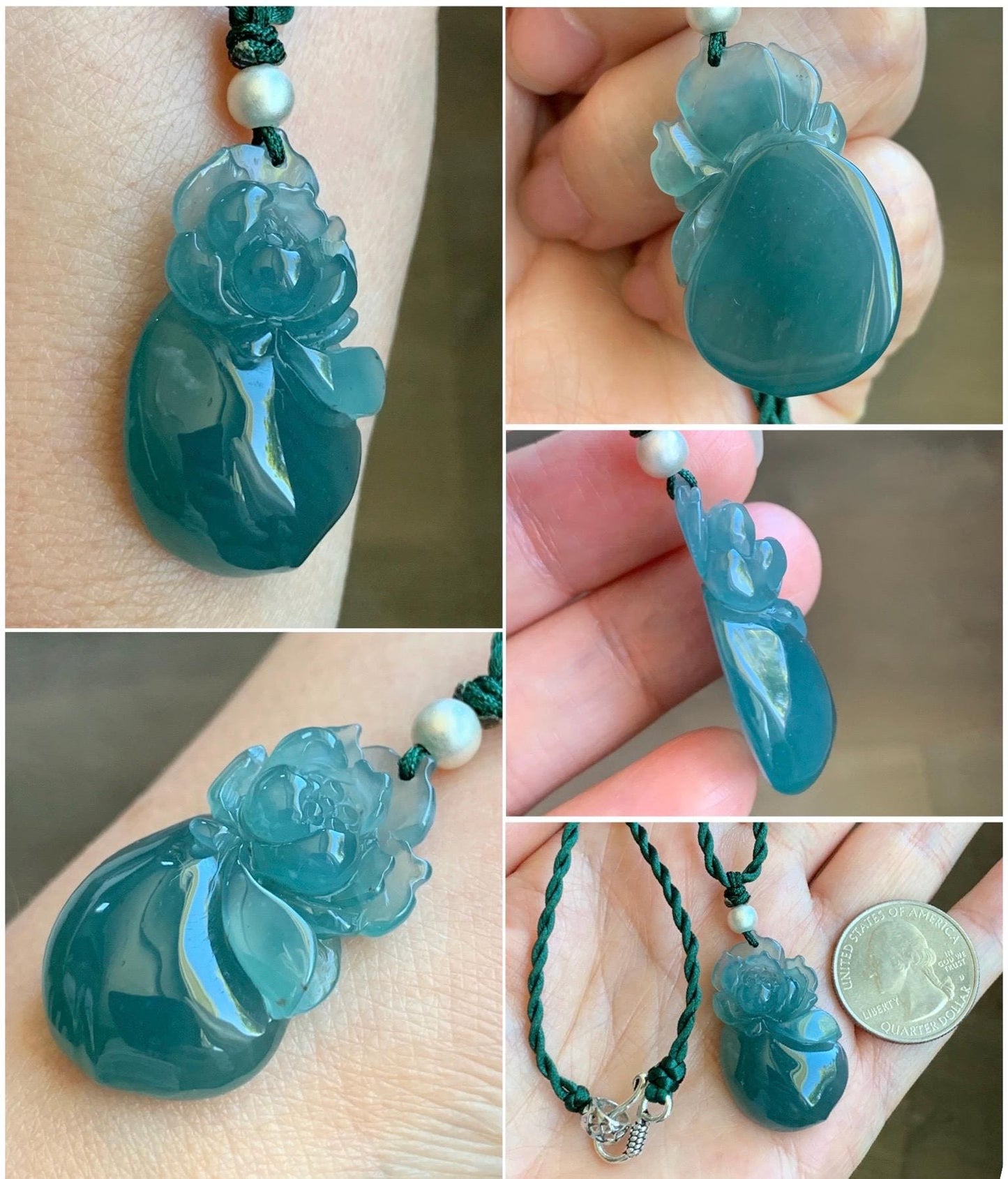 Natural Guatemalan Icy Translucent Gelatinous Teal Blue Jadeite Lotus Flower Lucky Peach Pendant Rope Necklace 18” 天然冰胶危蓝绿翡翠莲花福桃吊坠 LHT180