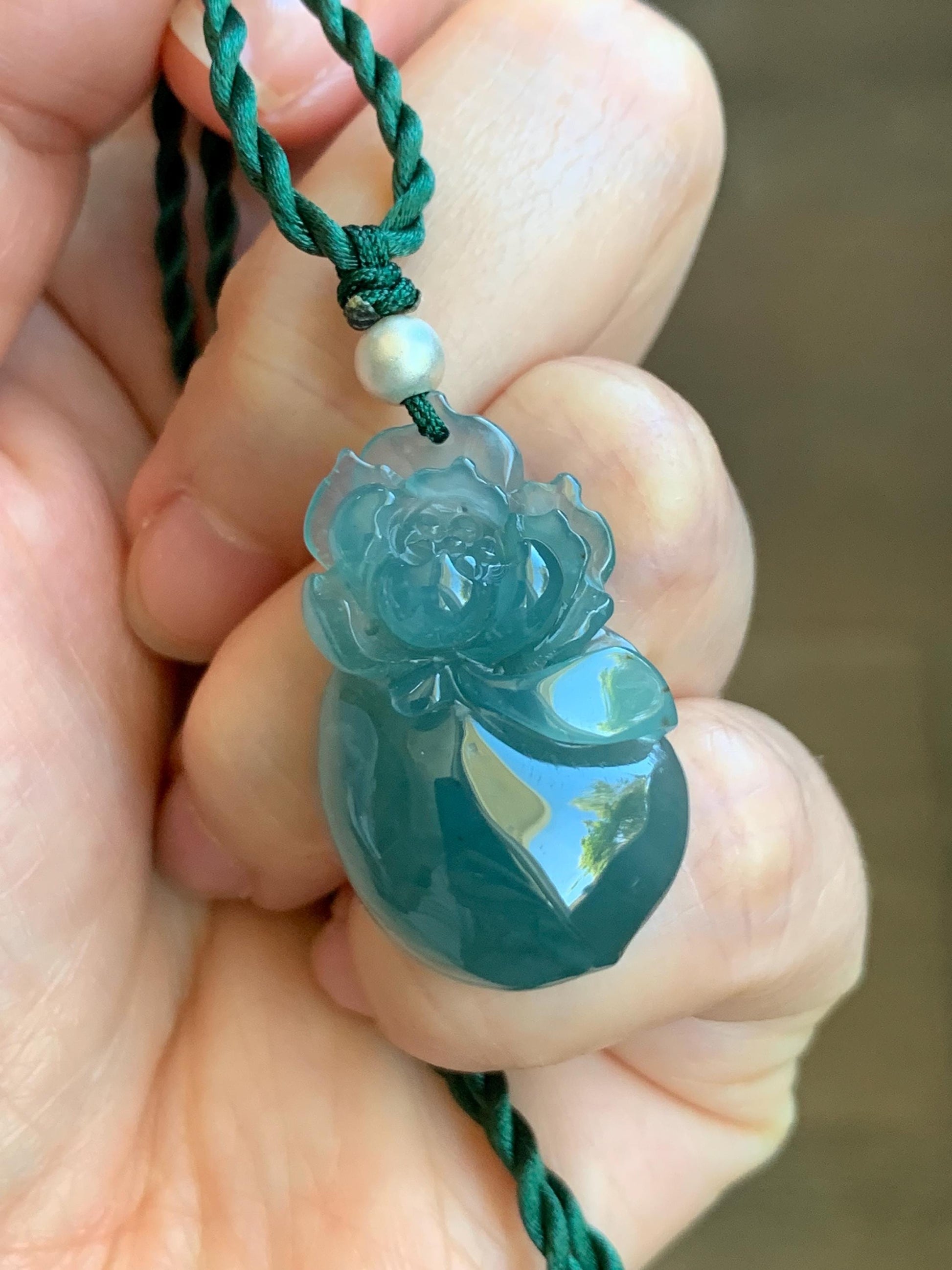 Natural Guatemalan Icy Translucent Gelatinous Teal Blue Jadeite Lotus Flower Lucky Peach Pendant Rope Necklace 18” 天然冰胶危蓝绿翡翠莲花福桃吊坠 LHT180