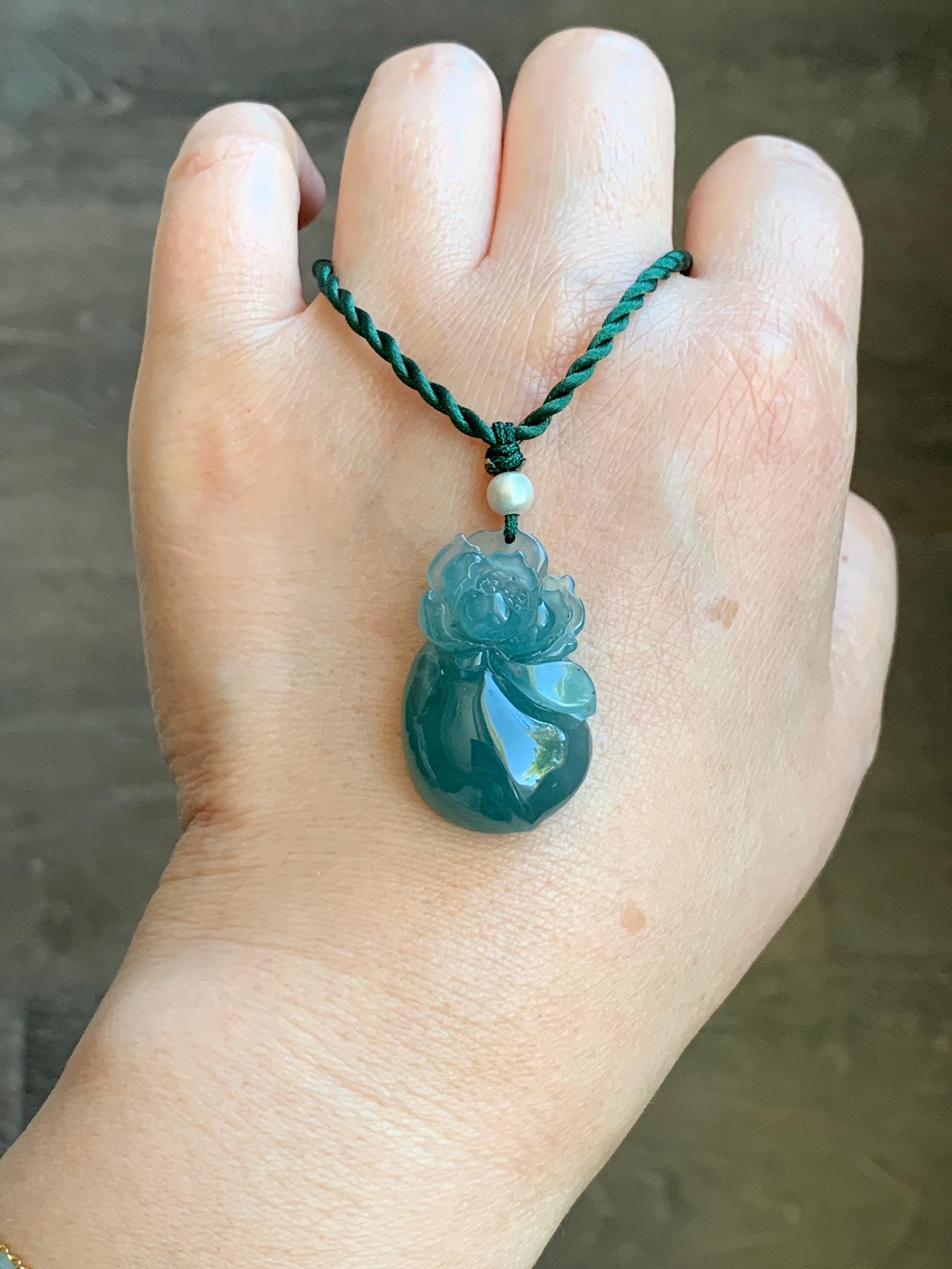 Natural Guatemalan Icy Translucent Gelatinous Teal Blue Jadeite Lotus Flower Lucky Peach Pendant Rope Necklace 18” 天然冰胶危蓝绿翡翠莲花福桃吊坠 LHT180