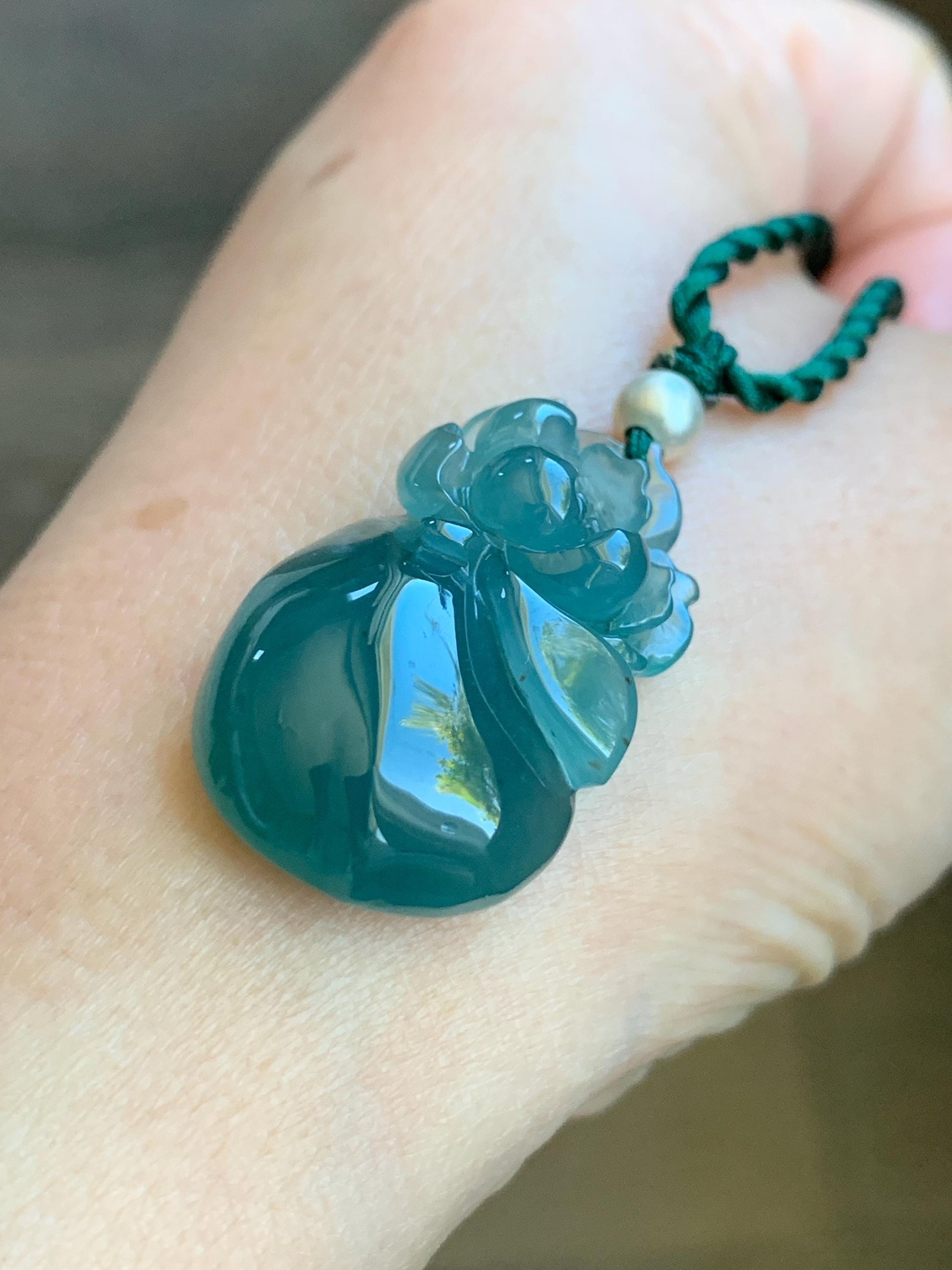 Natural Guatemalan Icy Translucent Gelatinous Teal Blue Jadeite Lotus Flower Lucky Peach Pendant Rope Necklace 18” 天然冰胶危蓝绿翡翠莲花福桃吊坠 LHT180