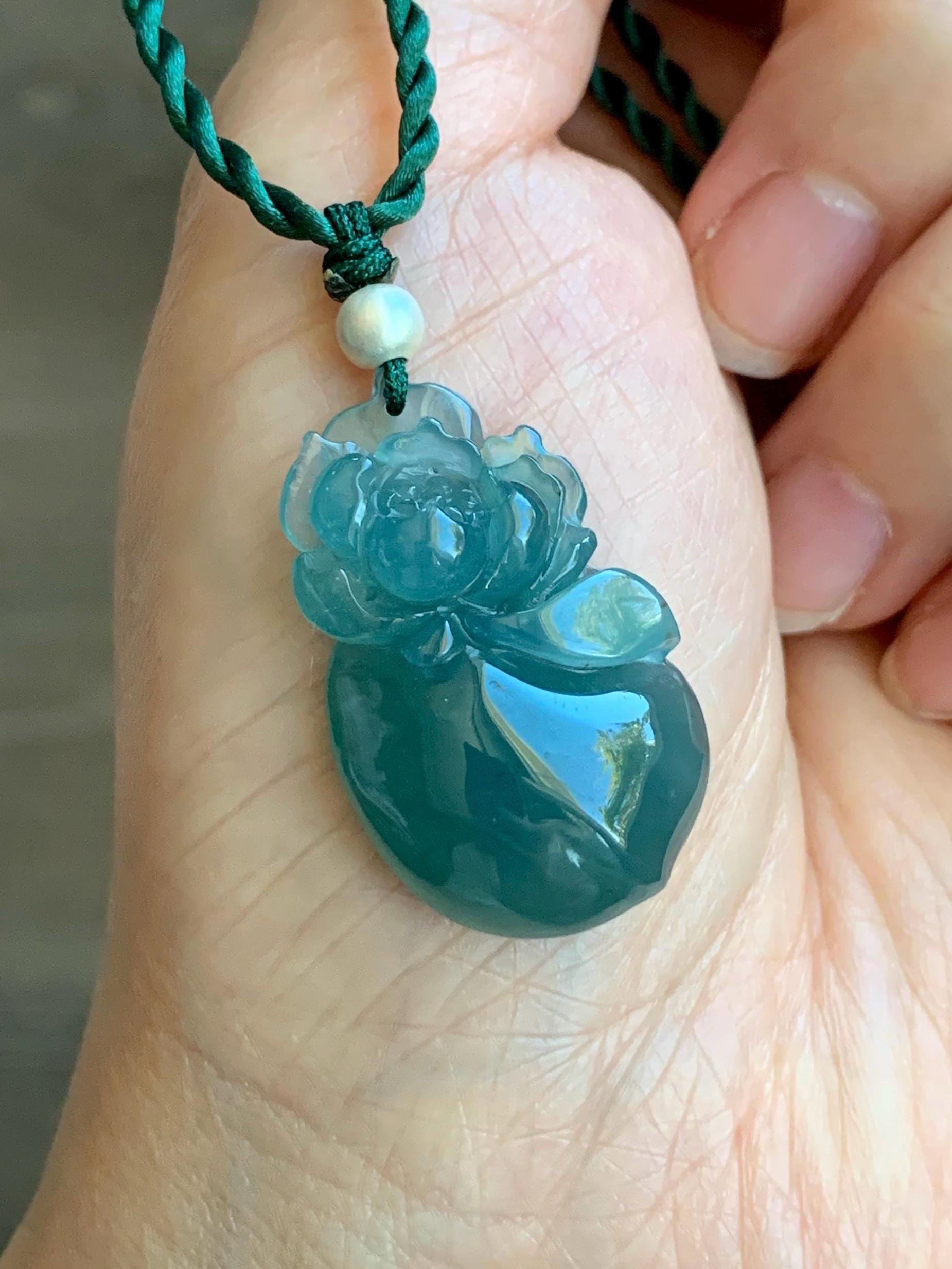 Natural Guatemalan Icy Translucent Gelatinous Teal Blue Jadeite Lotus Flower Lucky Peach Pendant Rope Necklace 18” 天然冰胶危蓝绿翡翠莲花福桃吊坠 LHT180