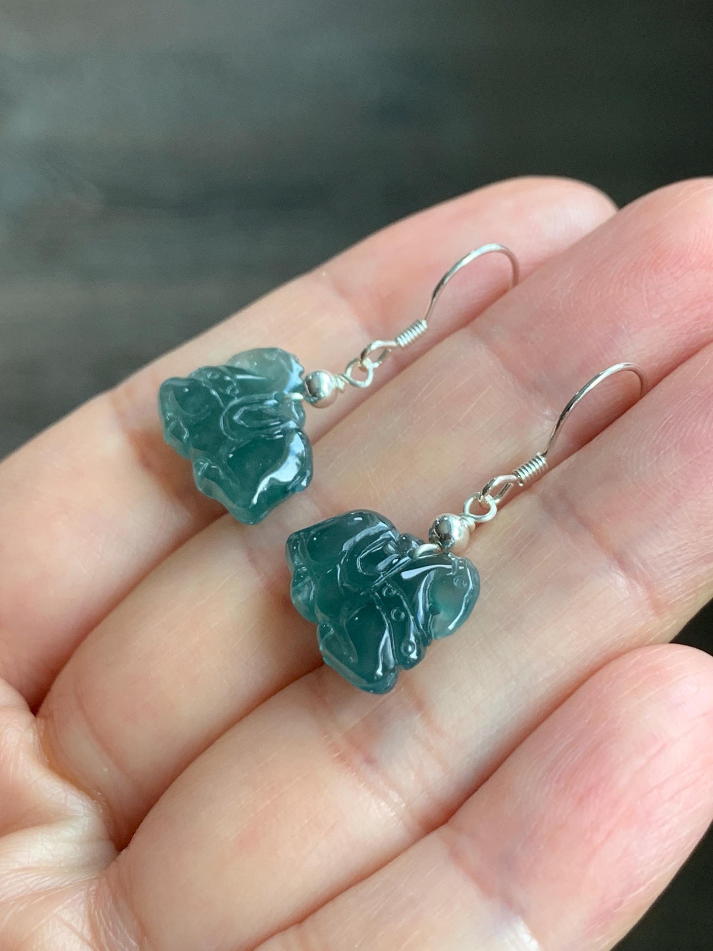 Natural Guatemalan Grade A Icy Highly Translucent Dark Teal Blue Jadeite Carved Tang Horse Dangle Earrings Sterling Silver 天然冰危蓝翡翠小唐马银耳钩 TM2