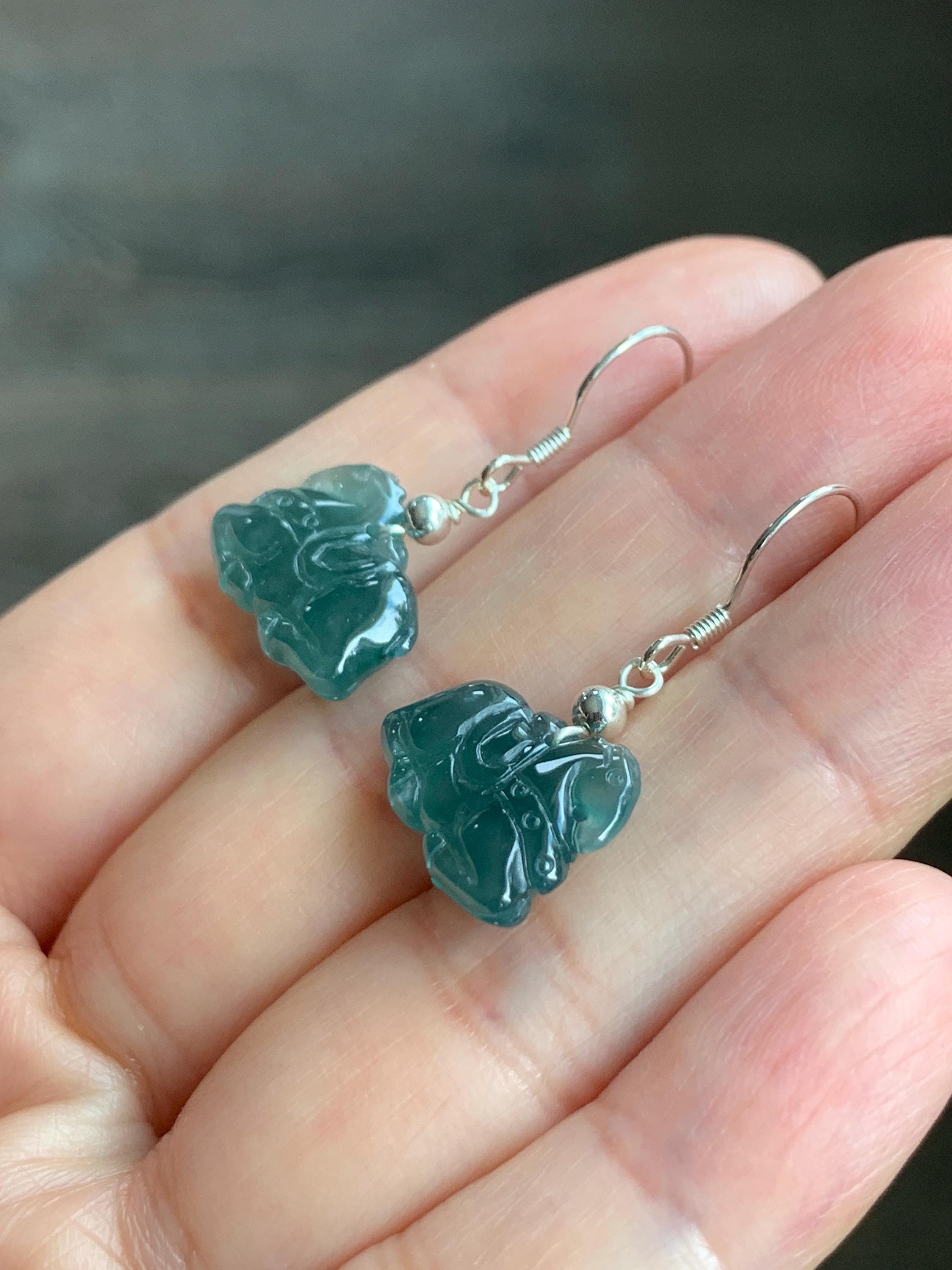 Natural Guatemalan Grade A Icy Highly Translucent Dark Teal Blue Jadeite Carved Tang Horse Dangle Earrings Sterling Silver 天然冰危蓝翡翠小唐马银耳钩 TM2