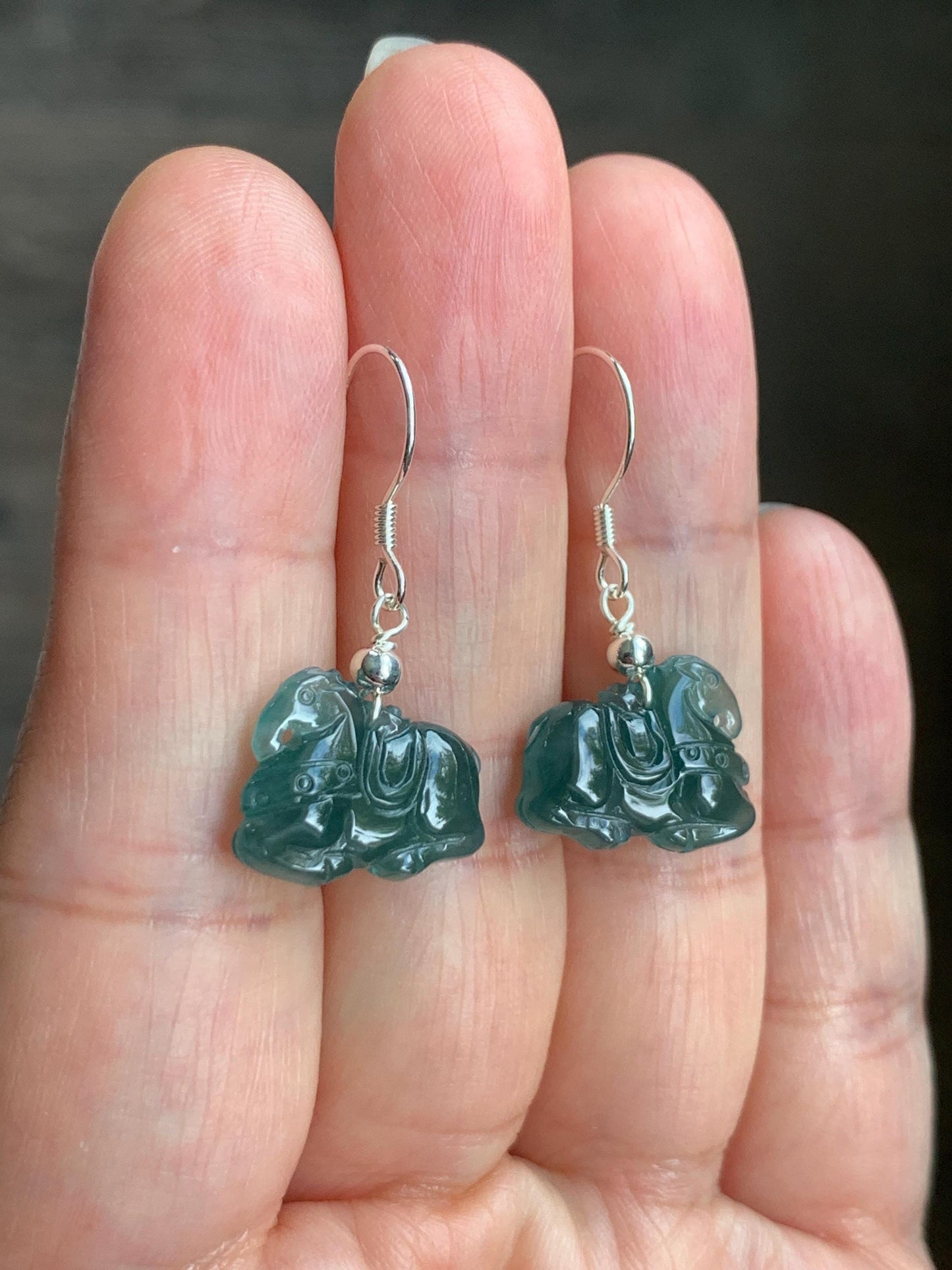 Natural Guatemalan Grade A Icy Highly Translucent Dark Teal Blue Jadeite Carved Tang Horse Dangle Earrings Sterling Silver 天然冰危蓝翡翠小唐马银耳钩 TM2