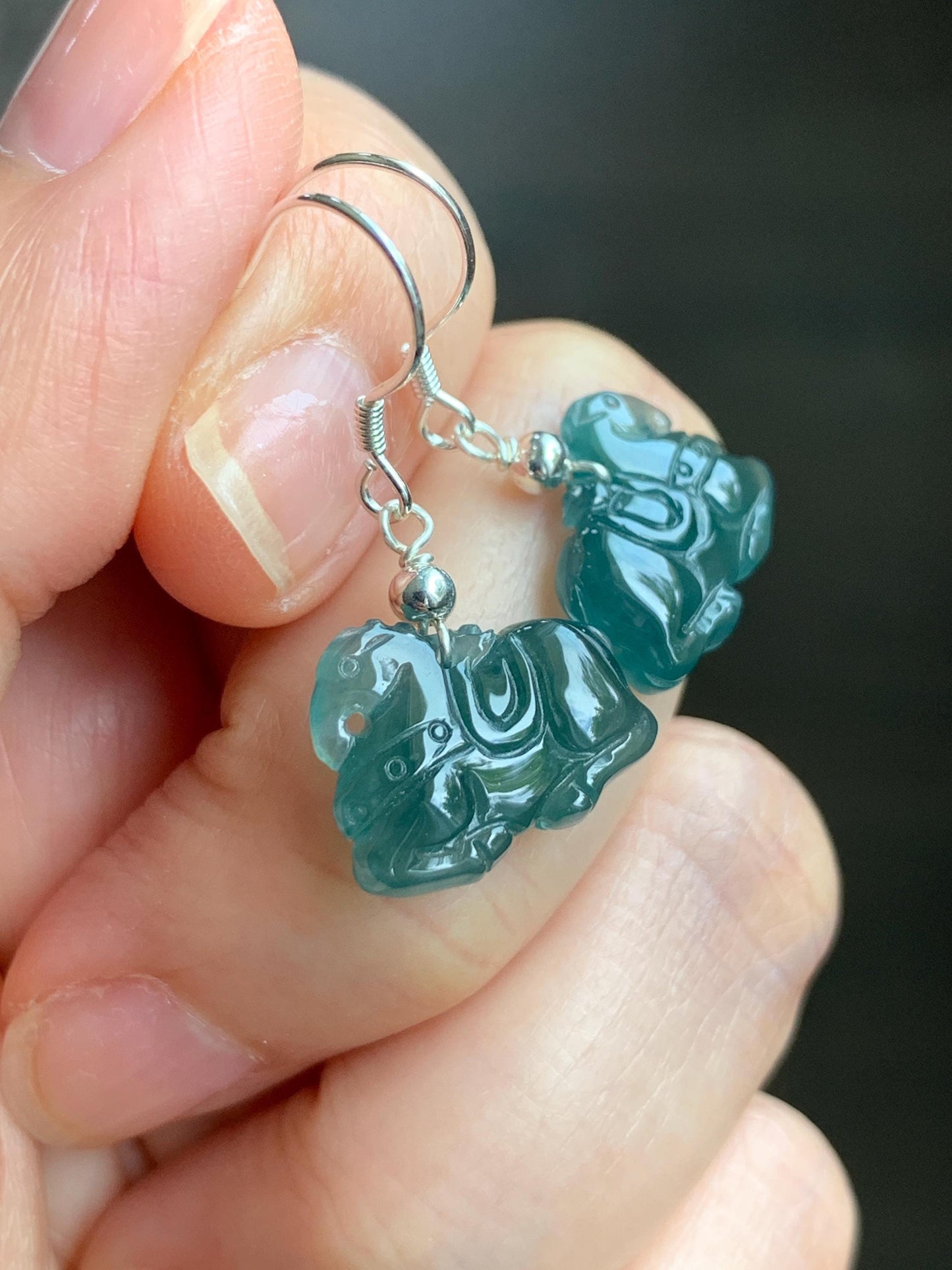 Natural Guatemalan Grade A Icy Highly Translucent Dark Teal Blue Jadeite Carved Tang Horse Dangle Earrings Sterling Silver 天然冰危蓝翡翠小唐马银耳钩 TM2