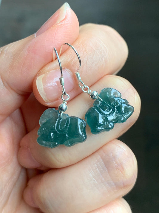 Natural Guatemalan Grade A Icy Highly Translucent Dark Teal Blue Jadeite Carved Tang Horse Dangle Earrings Sterling Silver 天然冰危蓝翡翠小唐马银耳钩 TM2