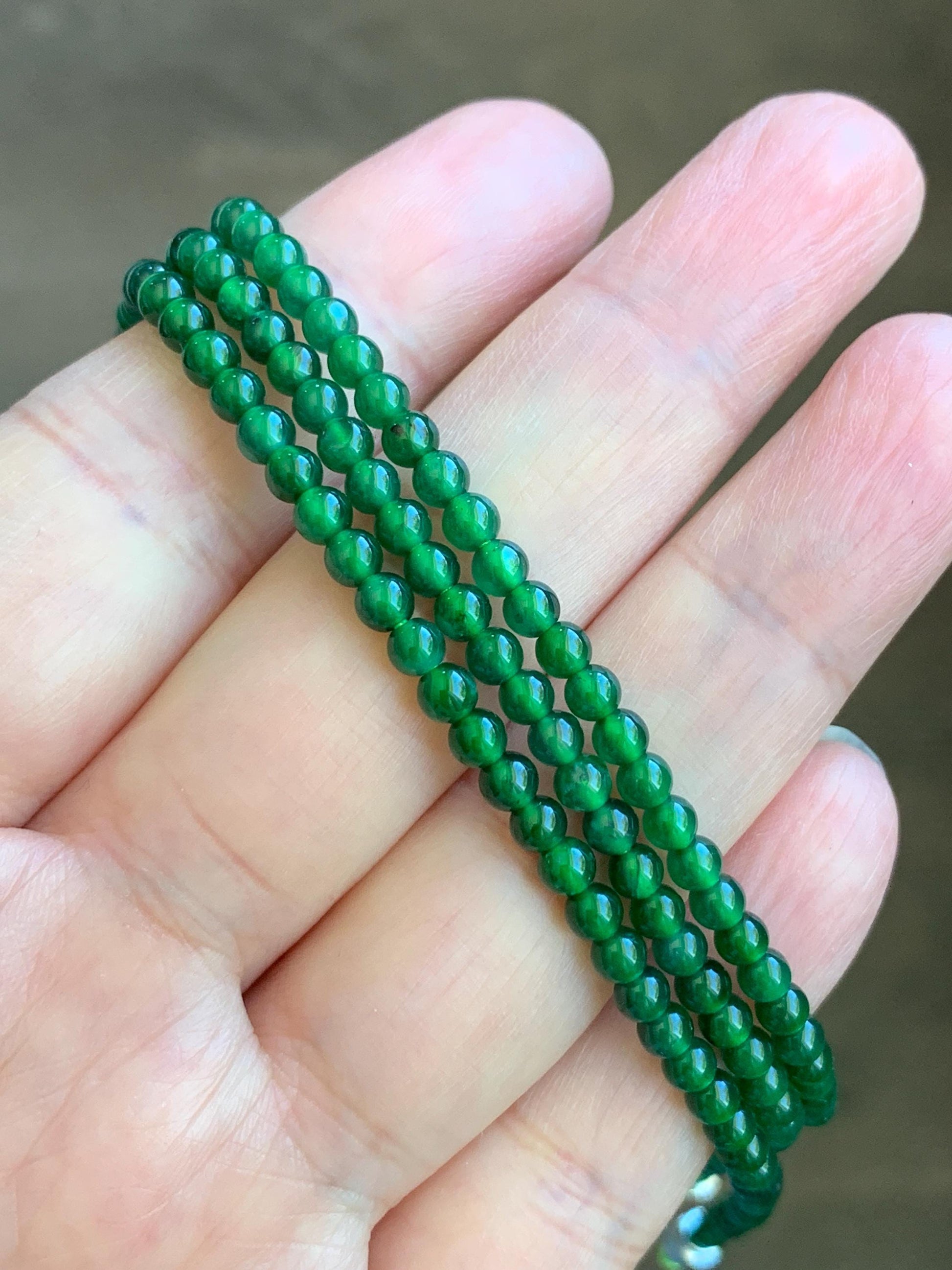 Natural Grade A Guatemalan Icy Highly Translucent Vibrant Green Jadeite Petite Beads Beaded Bracelet 6.75” 3.5mm 天然高冰危绿翡翠小卡圆珠手串 WLH630