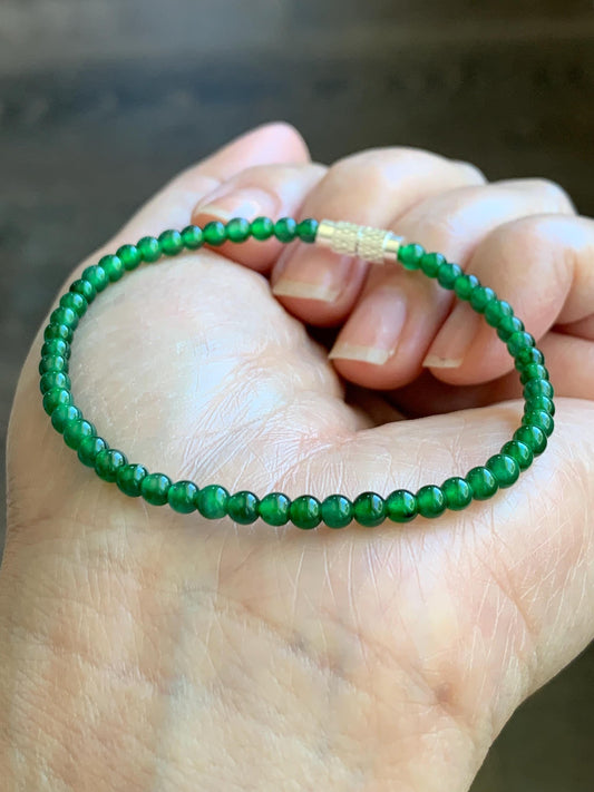 Natural Grade A Guatemalan Icy Highly Translucent Vibrant Green Jadeite Petite Beads Beaded Bracelet 6.75” 3.5mm 天然高冰危绿翡翠小卡圆珠手串 WLH630