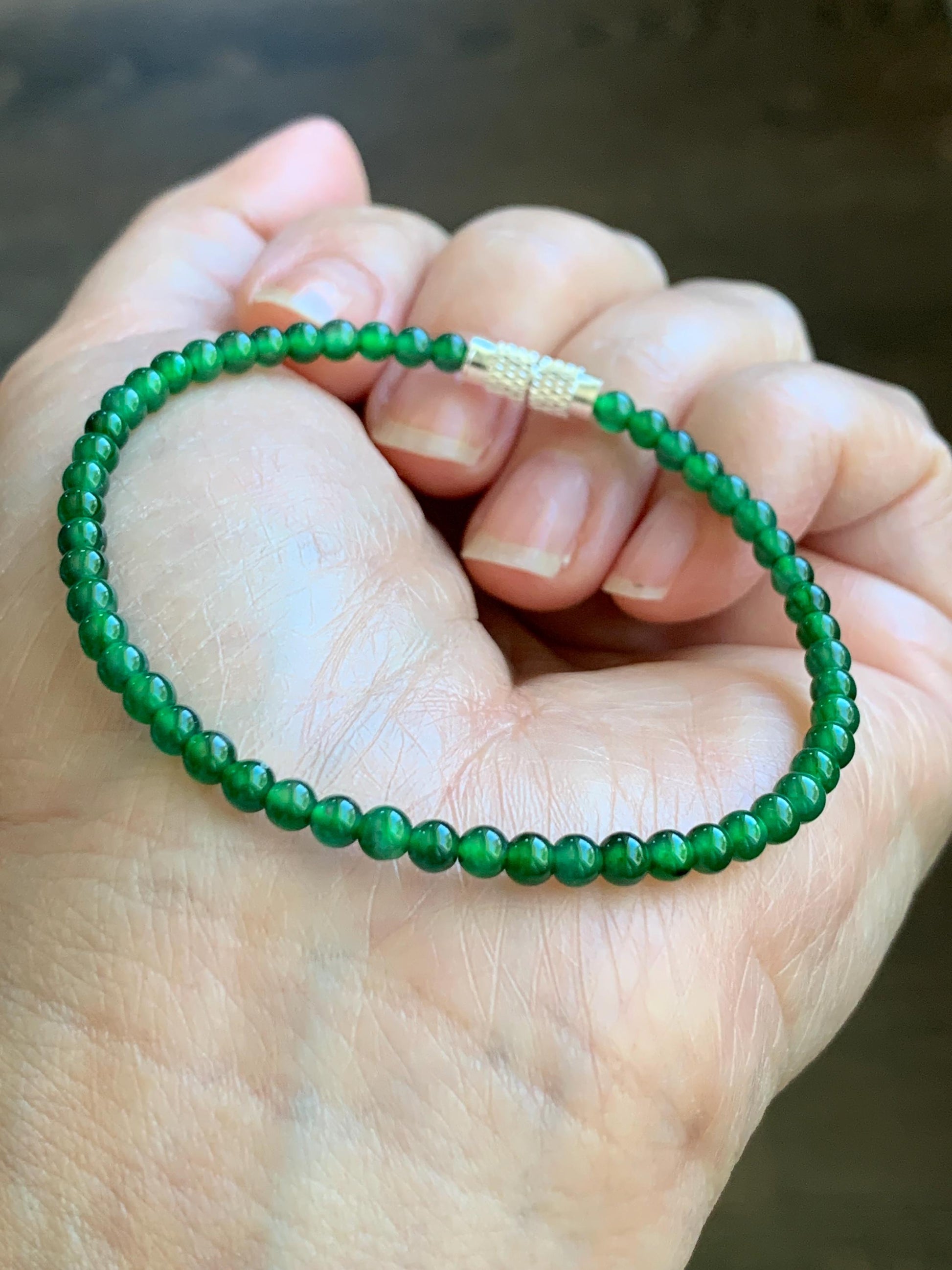 Natural Grade A Guatemalan Icy Highly Translucent Vibrant Green Jadeite Petite Beads Beaded Bracelet 6.75” 3.5mm 天然高冰危绿翡翠小卡圆珠手串 WLH630