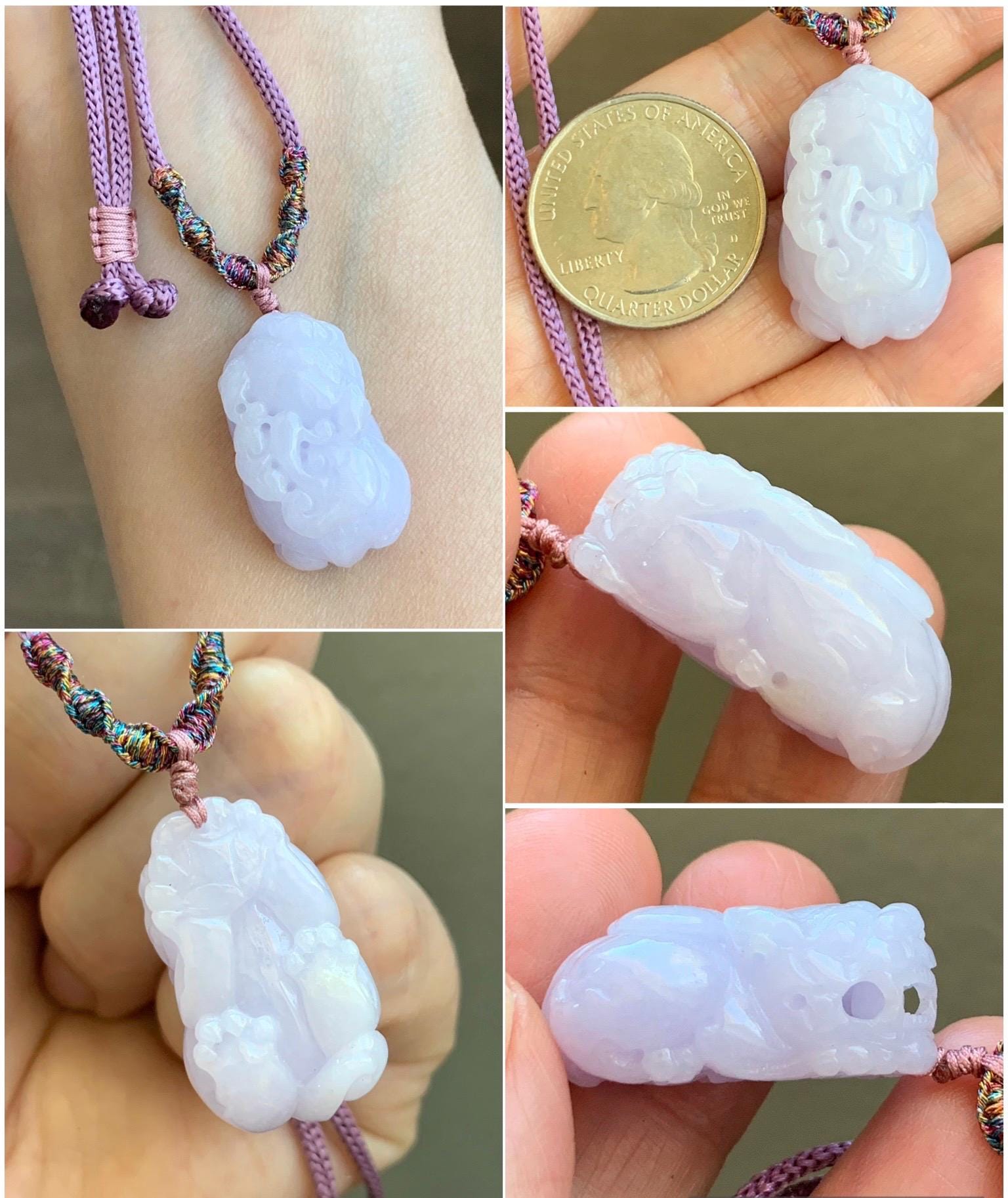 Certified Natural Grade A Icy Translucent Pastel Purple Jadeite Carved Pixiu Pendant Rope Necklace 26” Adjustable 天然糯冰淡紫翡翠含珠貔貅吊坠项链 1508