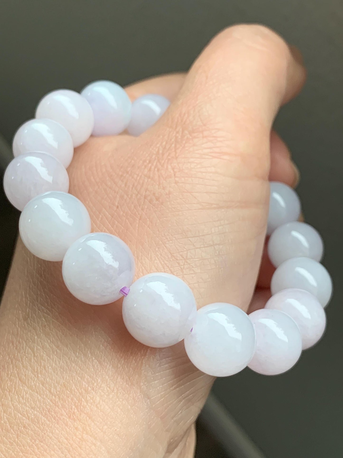 Certified Natural Grade A Icy Translucent Gelatinous Pastel Lavender Jadeite Large Beads Beaded Bracelet 12mm 7” 51g 天然冰胶淡紫底翡翠大卡圆珠手串 1496
