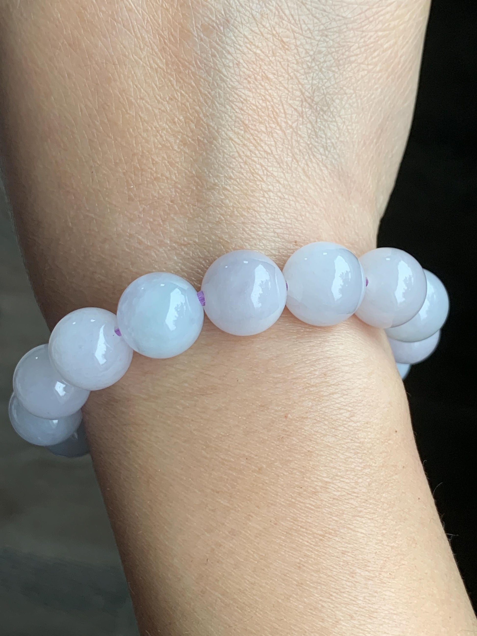 Certified Natural Grade A Icy Translucent Gelatinous Pastel Lavender Jadeite Large Beads Beaded Bracelet 12mm 7” 51g 天然冰胶淡紫底翡翠大卡圆珠手串 1496