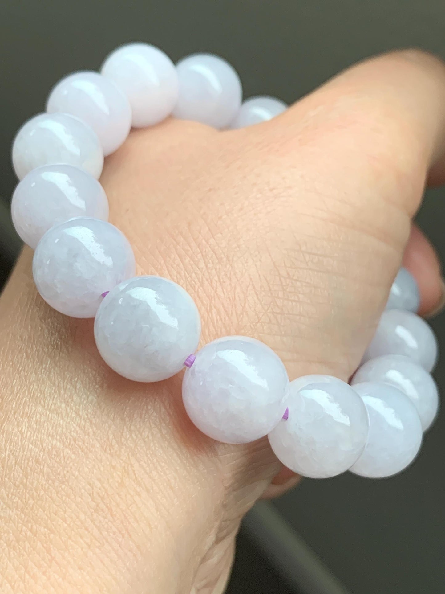 Certified Natural Grade A Icy Translucent Pastel Lavender Jadeite Large Beads Beaded Bracelet 12.4mm 7.25” 52.69g 天然冰淡紫底翡翠大卡圆珠手串 2018