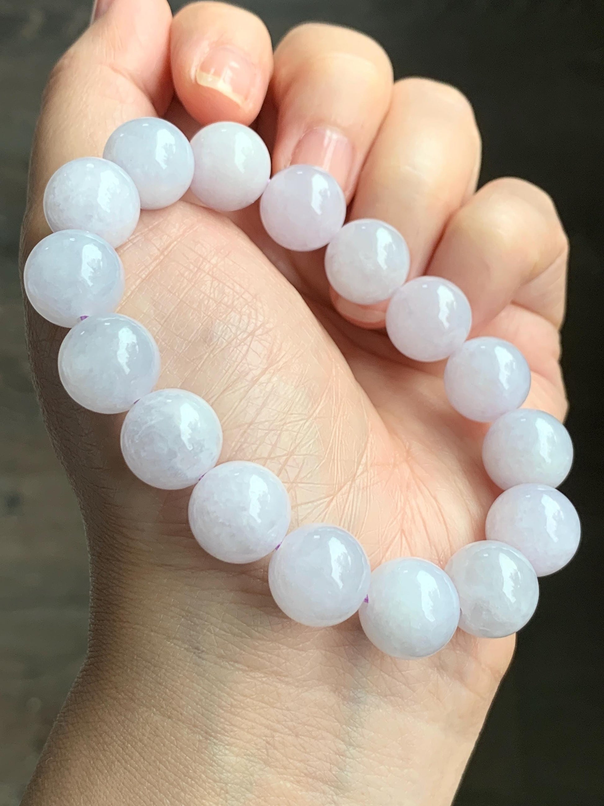 Certified Natural Grade A Icy Translucent Pastel Lavender Jadeite Large Beads Beaded Bracelet 12.4mm 7.25” 52.69g 天然冰淡紫底翡翠大卡圆珠手串 2018