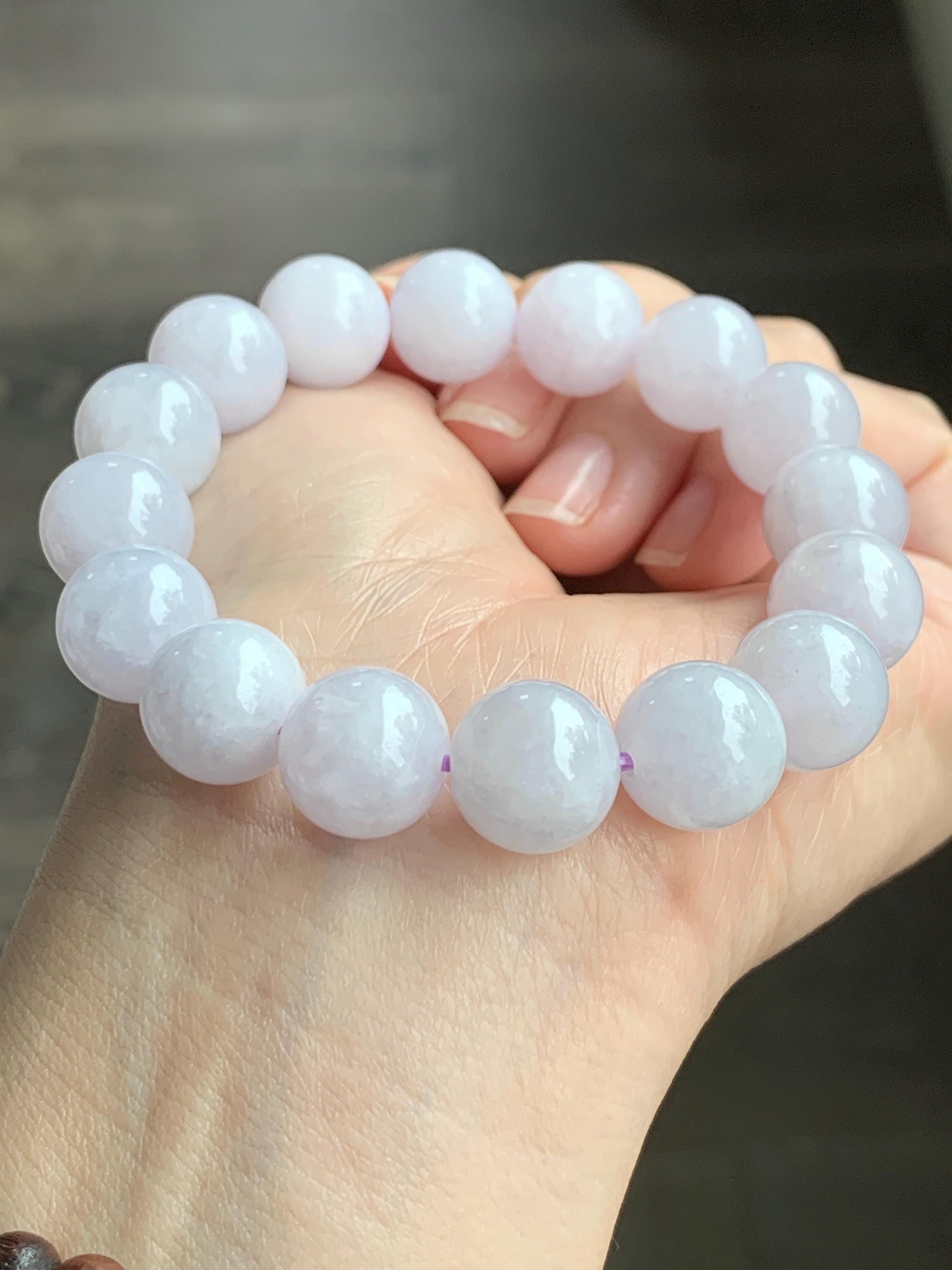 Certified Natural Grade A Icy Translucent Pastel Lavender Jadeite Large Beads Beaded Bracelet 12.4mm 7.25” 52.69g 天然冰淡紫底翡翠大卡圆珠手串 2018