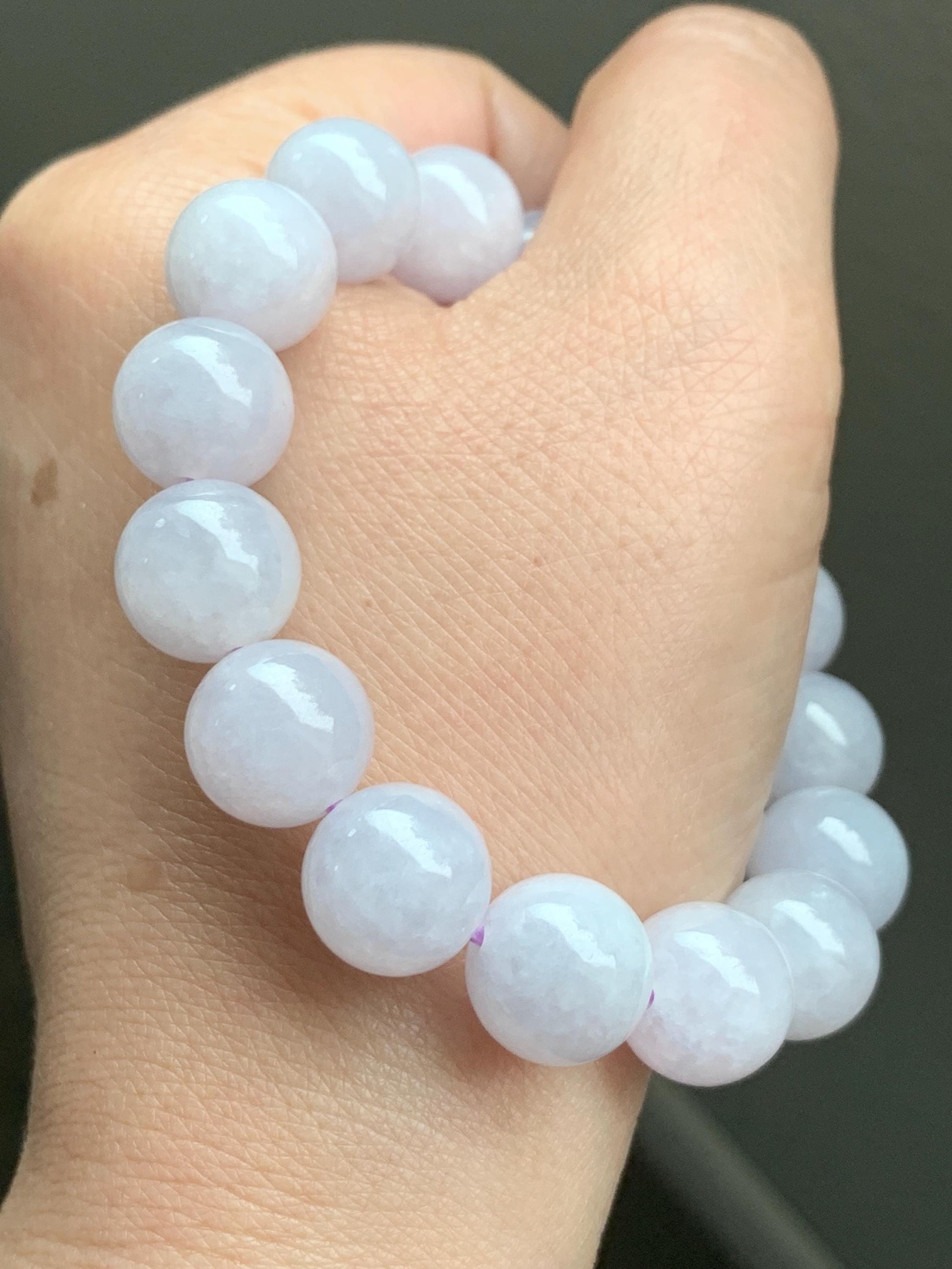 Certified Natural Grade A Icy Translucent Pastel Lavender Jadeite Large Beads Beaded Bracelet 12.4mm 7.25” 52.69g 天然冰淡紫底翡翠大卡圆珠手串 2018