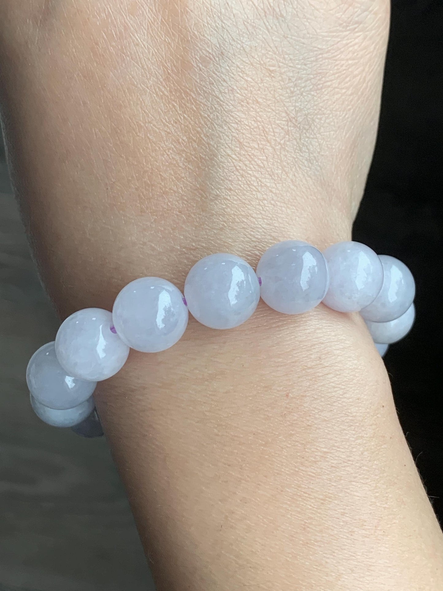 Certified Natural Grade A Icy Translucent Pastel Lavender Jadeite Large Beads Beaded Bracelet 12.4mm 7.25” 52.69g 天然冰淡紫底翡翠大卡圆珠手串 2018
