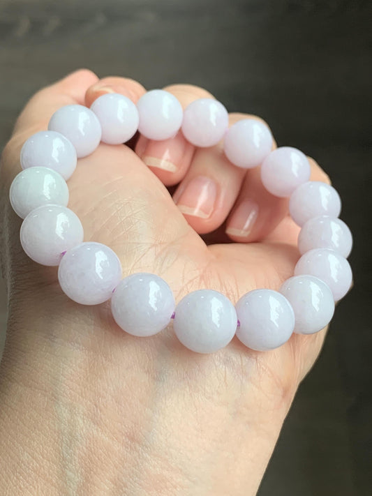 Certified Natural Grade A Translucent Pastel Lavender Jadeite Large Beads Beaded Bracelet 11.4mm 7” 43g 天然糯冰淡紫底翡翠大卡圆珠手串 1493