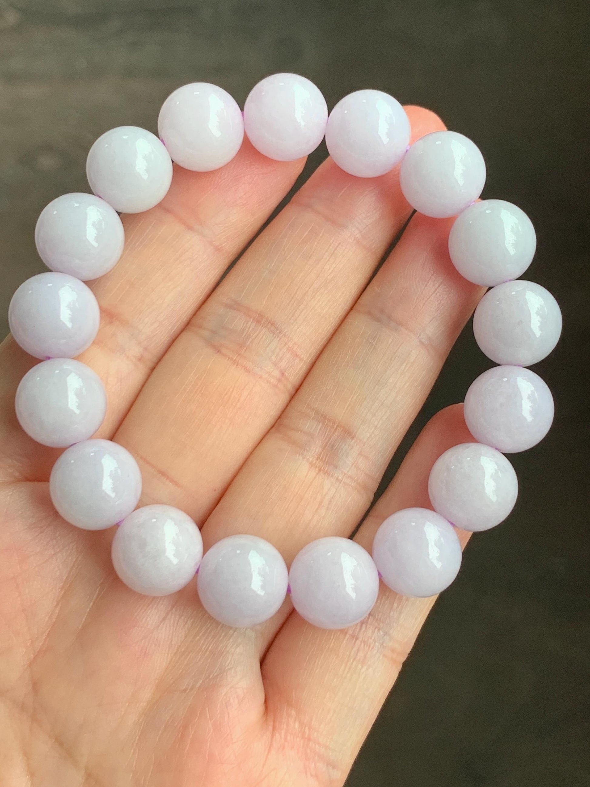 Certified Natural Grade A Translucent Pastel Lavender Jadeite Large Beads Beaded Bracelet 11.4mm 7” 43g 天然糯冰淡紫底翡翠大卡圆珠手串 1493