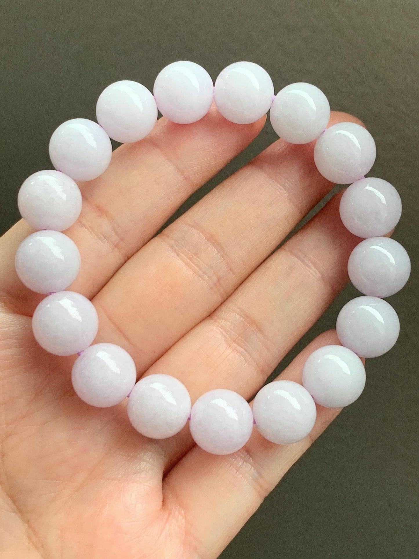 Certified Natural Grade A Translucent Pastel Lavender Jadeite Large Beads Beaded Bracelet 11.4mm 7” 43g 天然糯冰淡紫底翡翠大卡圆珠手串 1493