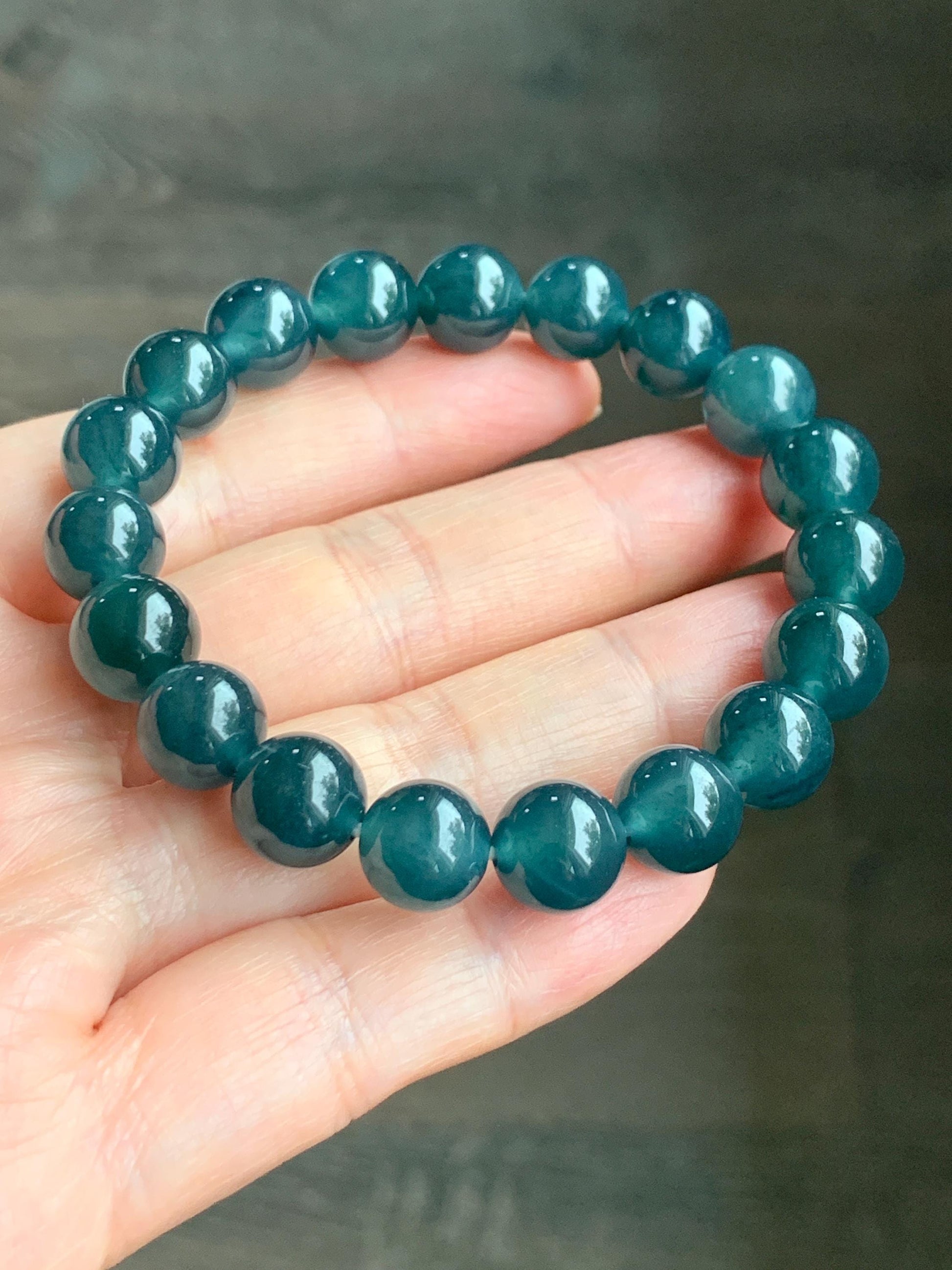 Natural Guatemalan Grade A Icy Translucent Deep Teal Blue Jadeite Beaded Bracelet Stretchy 9.9mm 7" 31g 天然冰危深蓝绿翡翠大卡手串 SLL250