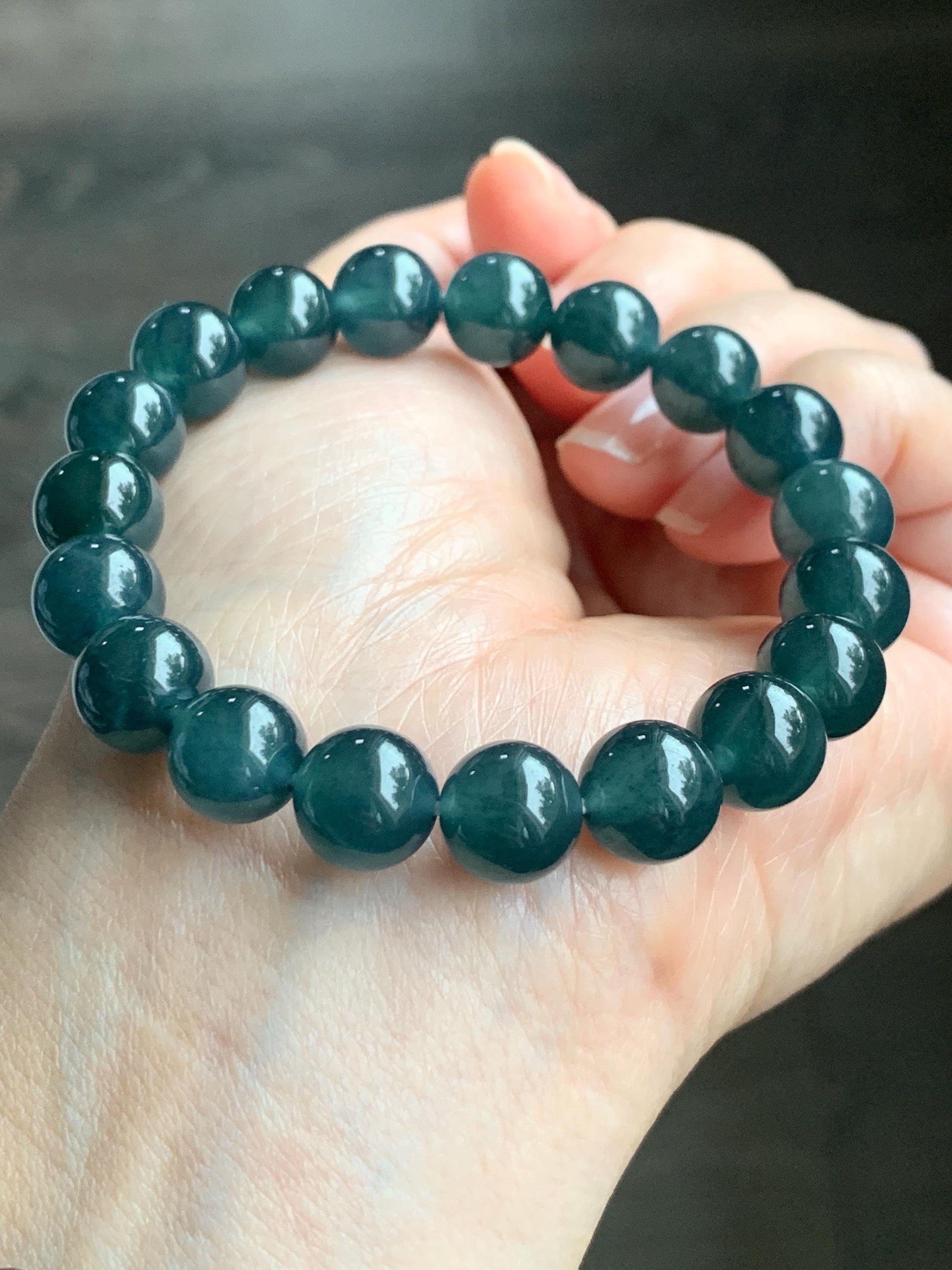Natural Guatemalan Grade A Icy Translucent Deep Teal Blue Jadeite Beaded Bracelet Stretchy 9.9mm 7" 31g 天然冰危深蓝绿翡翠大卡手串 SLL250