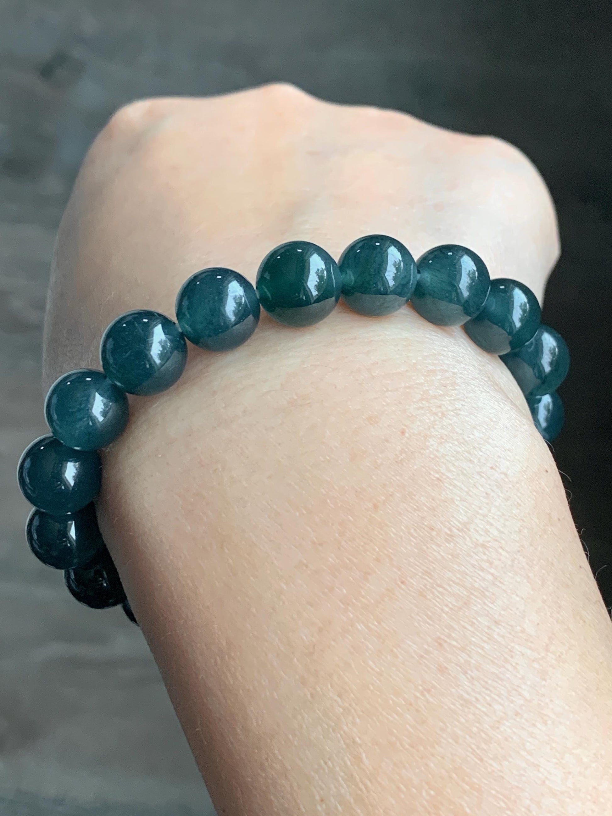 Natural Guatemalan Grade A Icy Translucent Deep Teal Blue Jadeite Beaded Bracelet Stretchy 9.9mm 7" 31g 天然冰危深蓝绿翡翠大卡手串 SLL250
