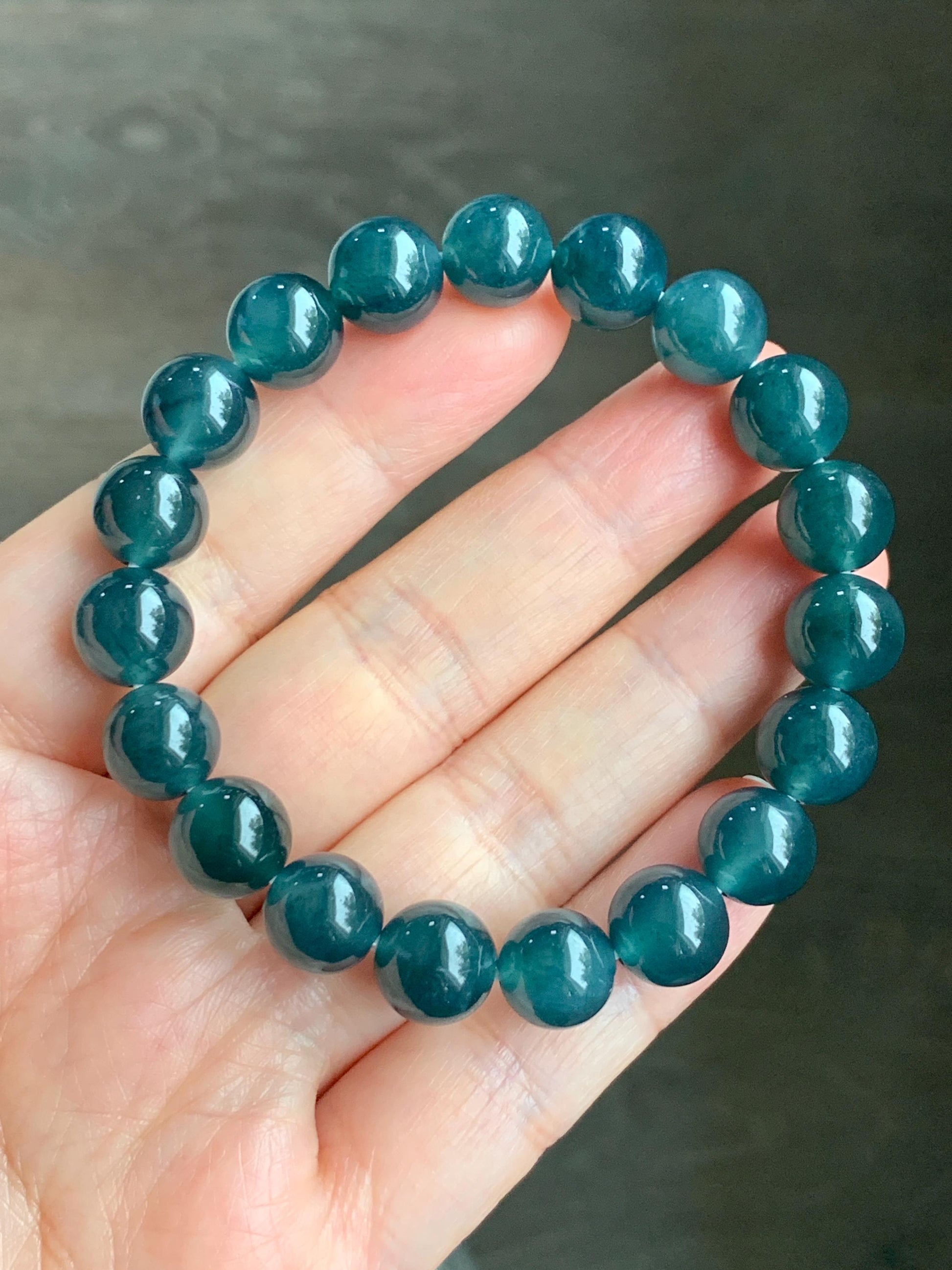 Natural Guatemalan Grade A Icy Translucent Deep Teal Blue Jadeite Beaded Bracelet Stretchy 9.9mm 7" 31g 天然冰危深蓝绿翡翠大卡手串 SLL250