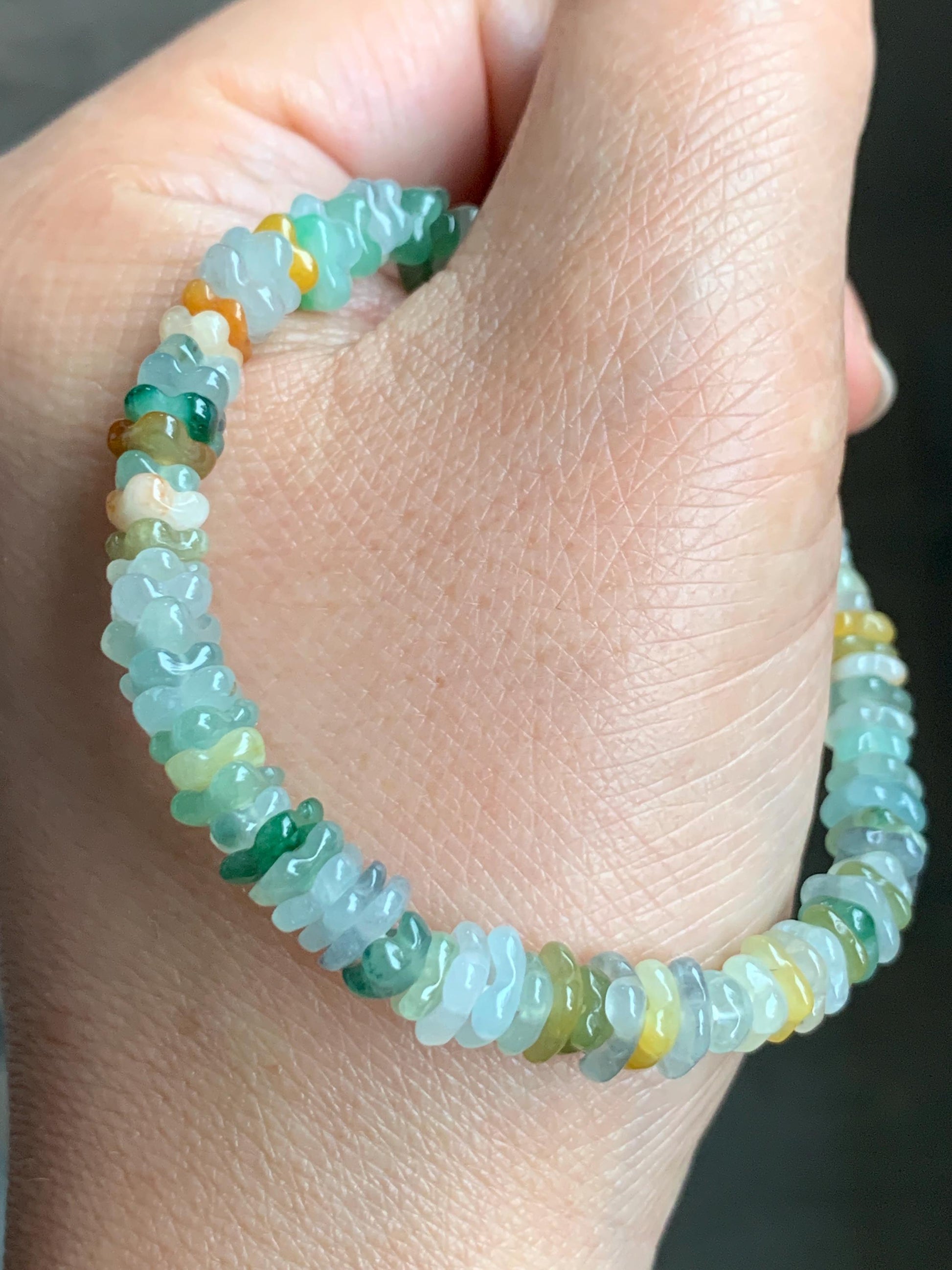 Natural Grade A Icy Highly Translucent Multicolored Jadeite Carved Osmanthus Flower Beads Beaded Bracelet 6.25” 11g 天然冰透多宝翡翠桂花珠手串 GHD440