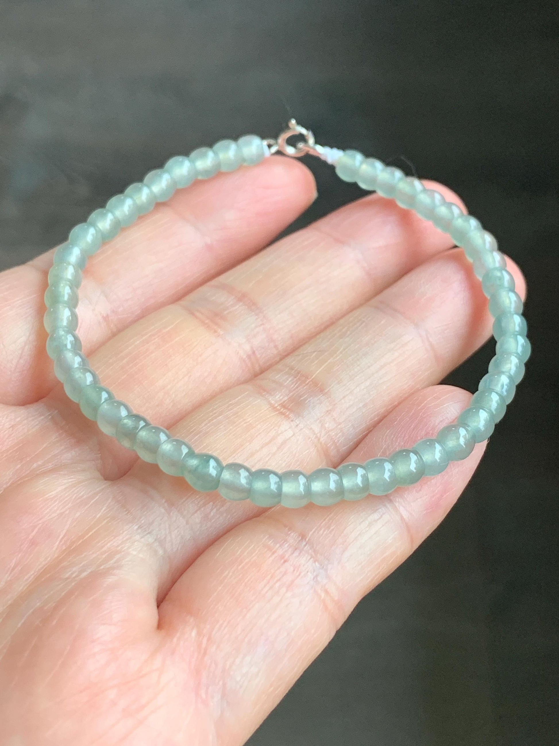 Natural Grade A Icy Highly Translucent Gelatinous Light Green Jadeite Apple Beads Beaded Bracelet SS 4.2mm 7" 6g 天然冰胶晴色翡翠小苹果珠手串 PGZ110A