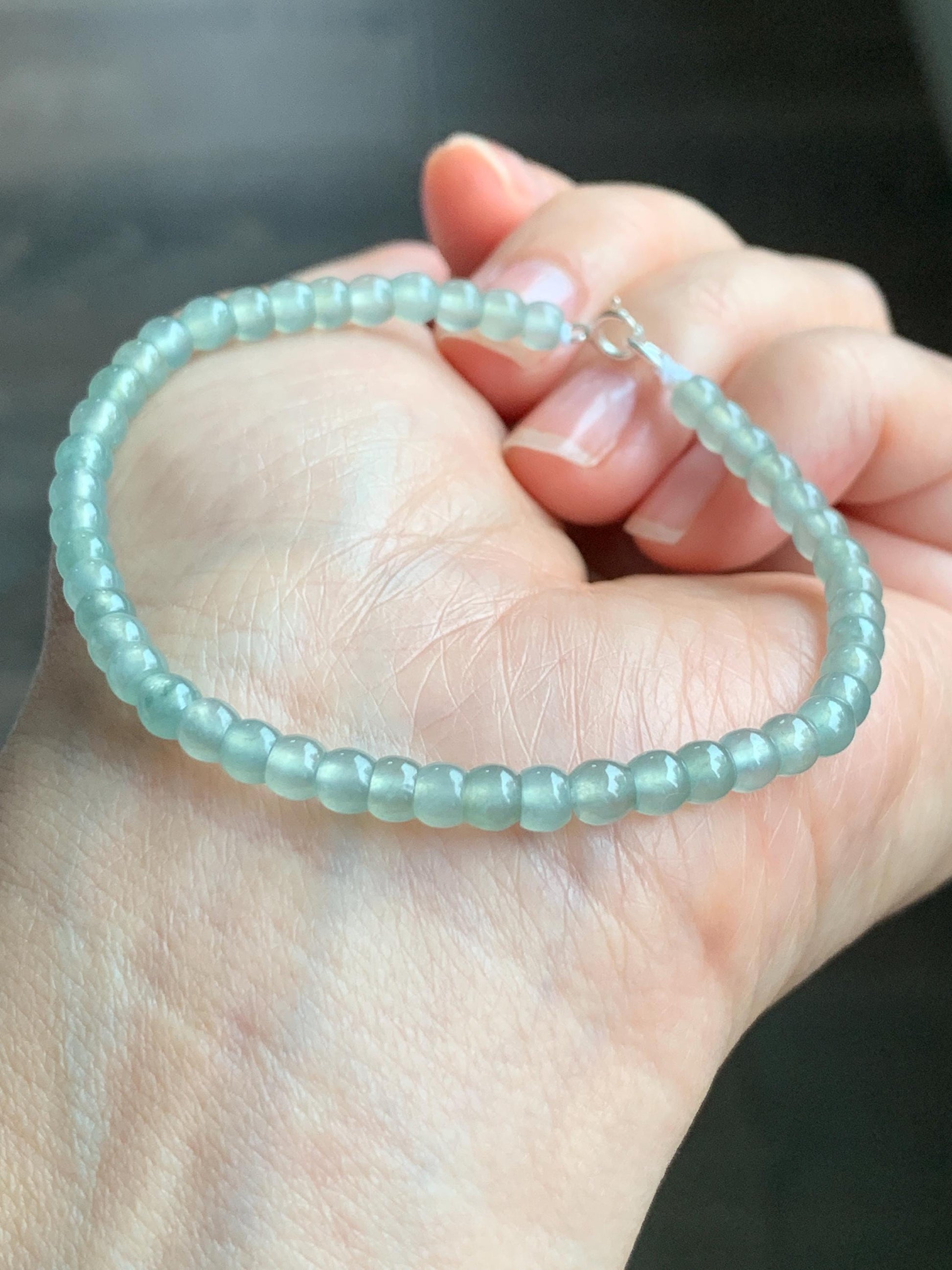 Natural Grade A Icy Highly Translucent Gelatinous Light Green Jadeite Apple Beads Beaded Bracelet SS 4.2mm 7" 6g 天然冰胶晴色翡翠小苹果珠手串 PGZ110A